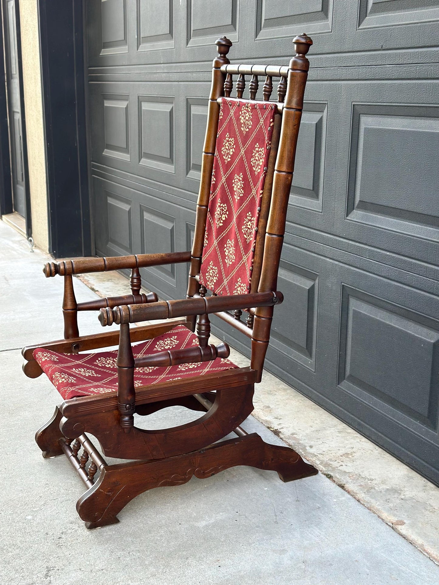 Antique Late 19th C. Eastlake Carved Walnut Wood Upholstered Rustic Rocking Accent Chair