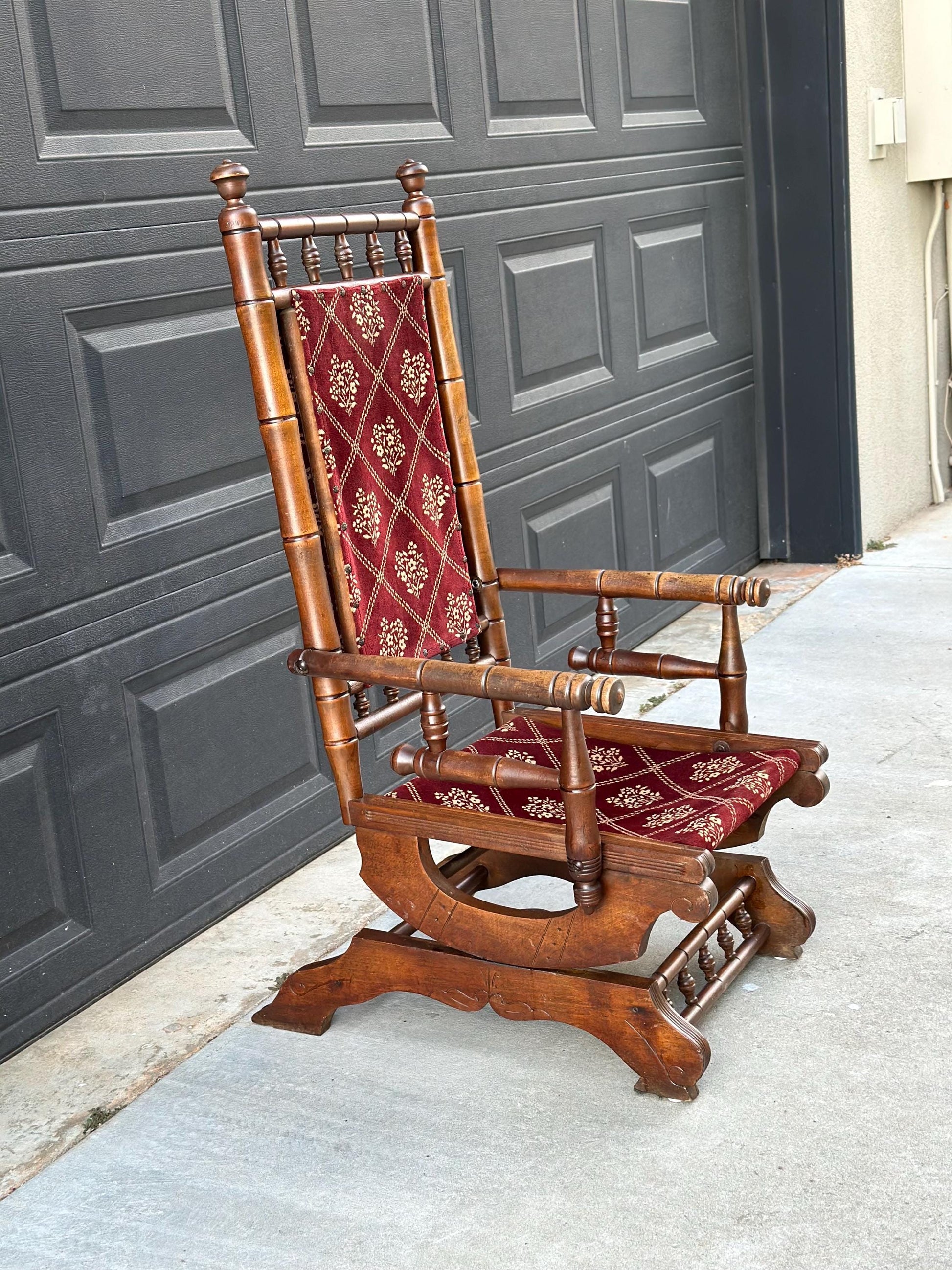 Antique Late 19th C. Eastlake Carved Walnut Wood Upholstered Rustic Rocking Accent Chair