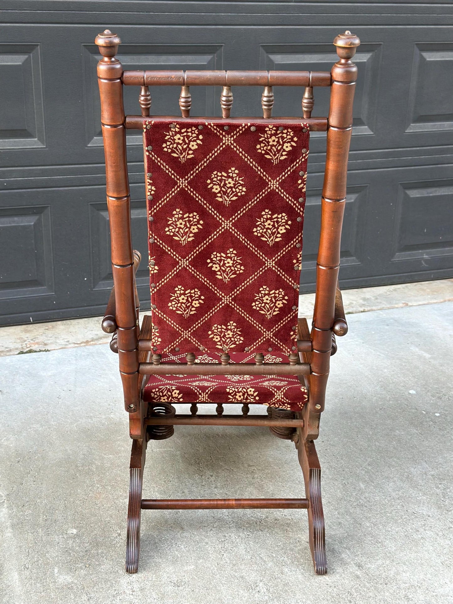 Antique Late 19th C. Eastlake Carved Walnut Wood Upholstered Rustic Rocking Accent Chair