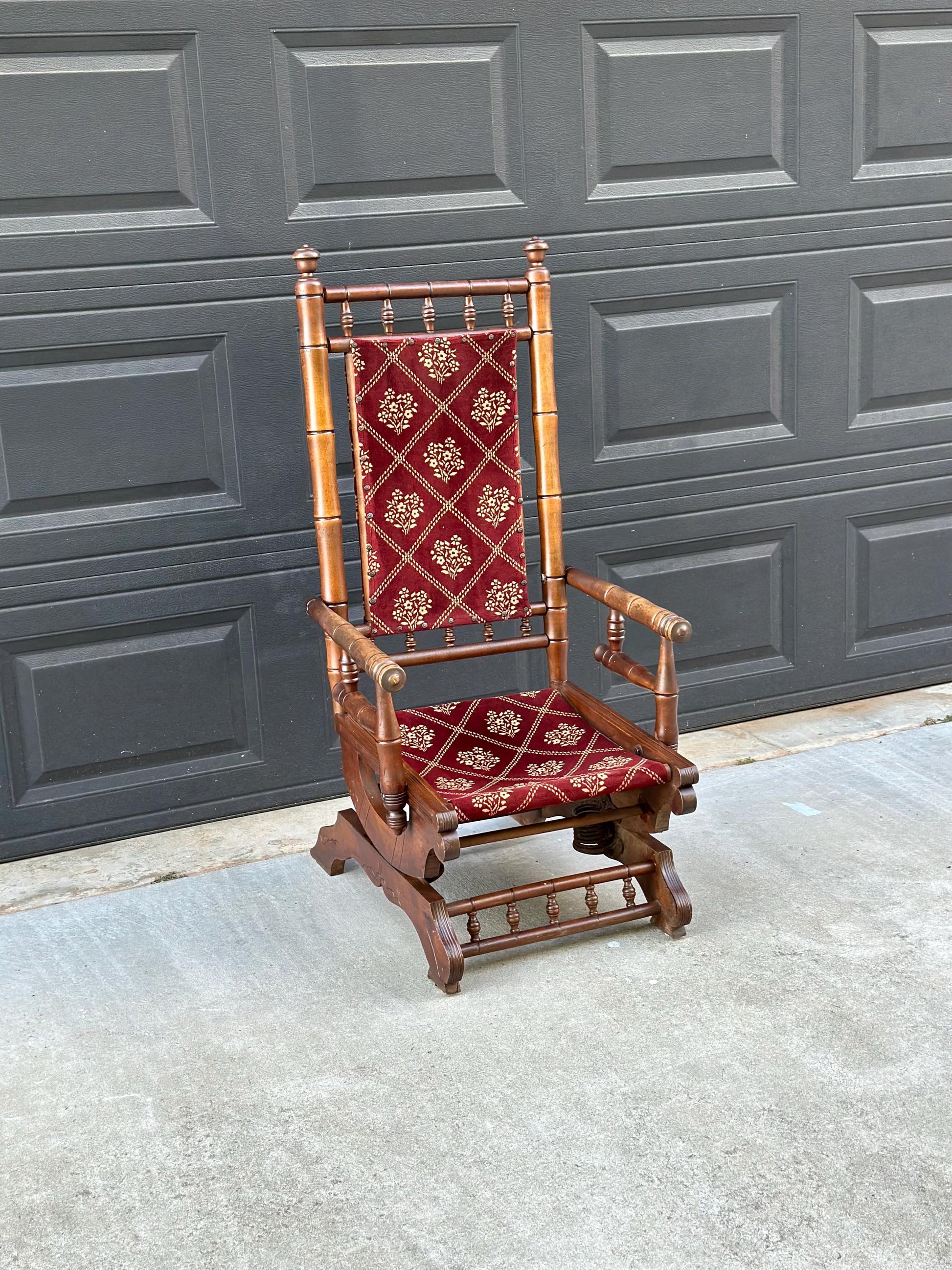 Antique Late 19th C. Eastlake Carved Walnut Wood Upholstered Rustic Rocking Accent Chair