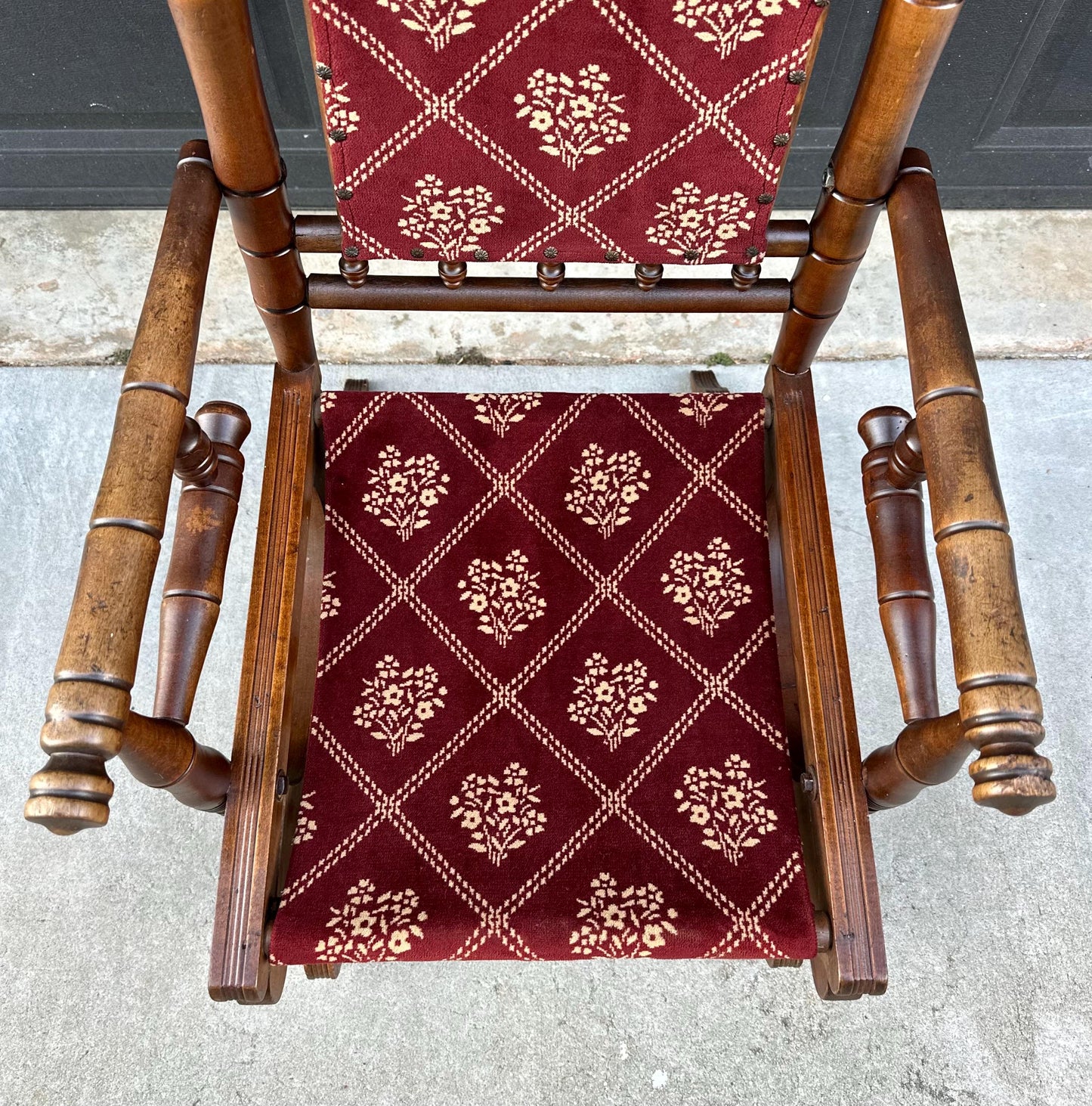 Antique Late 19th C. Eastlake Carved Walnut Wood Upholstered Rustic Rocking Accent Chair
