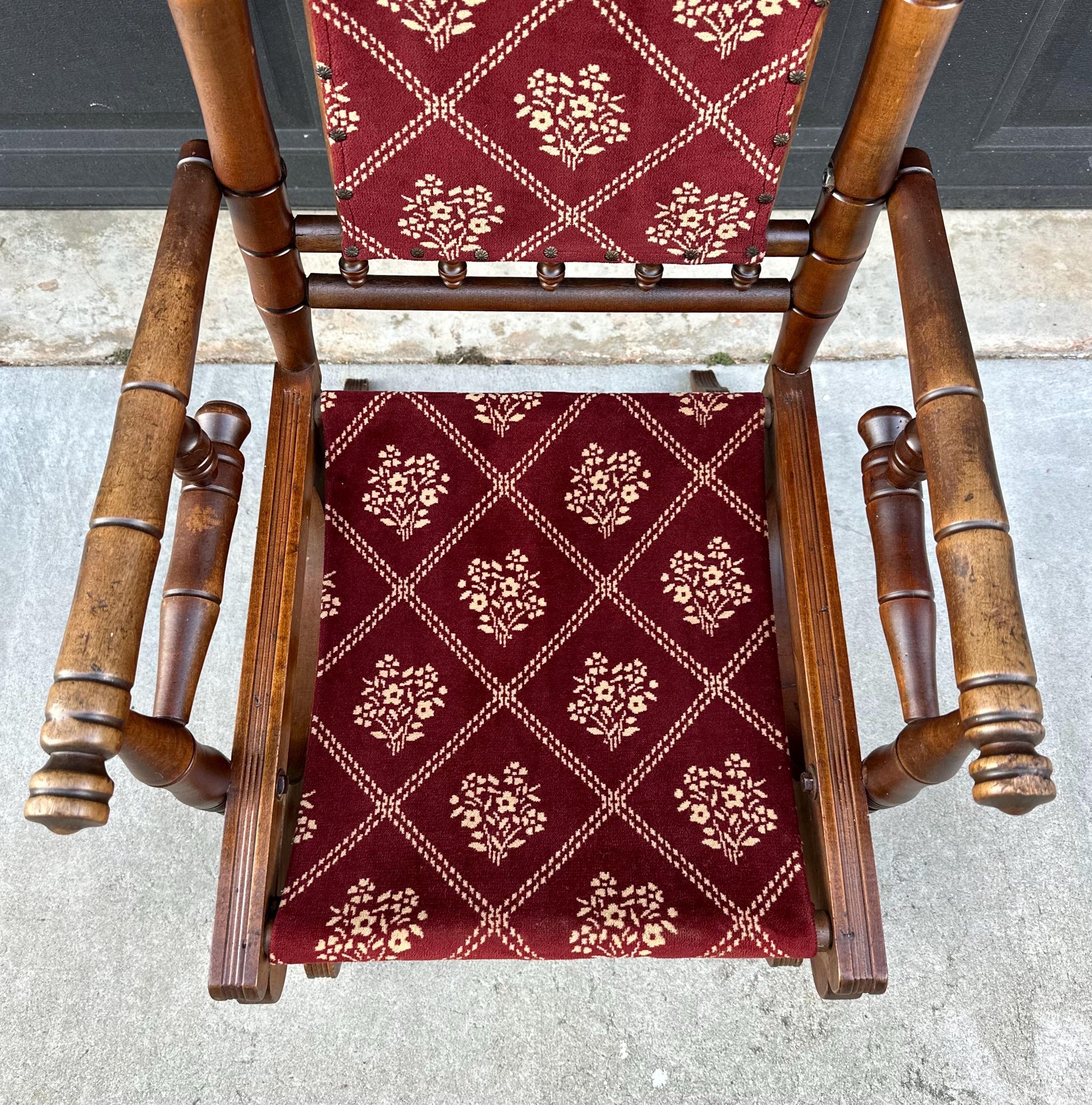 Antique Late 19th C. Eastlake Carved Walnut Wood Upholstered Rustic Rocking Accent Chair