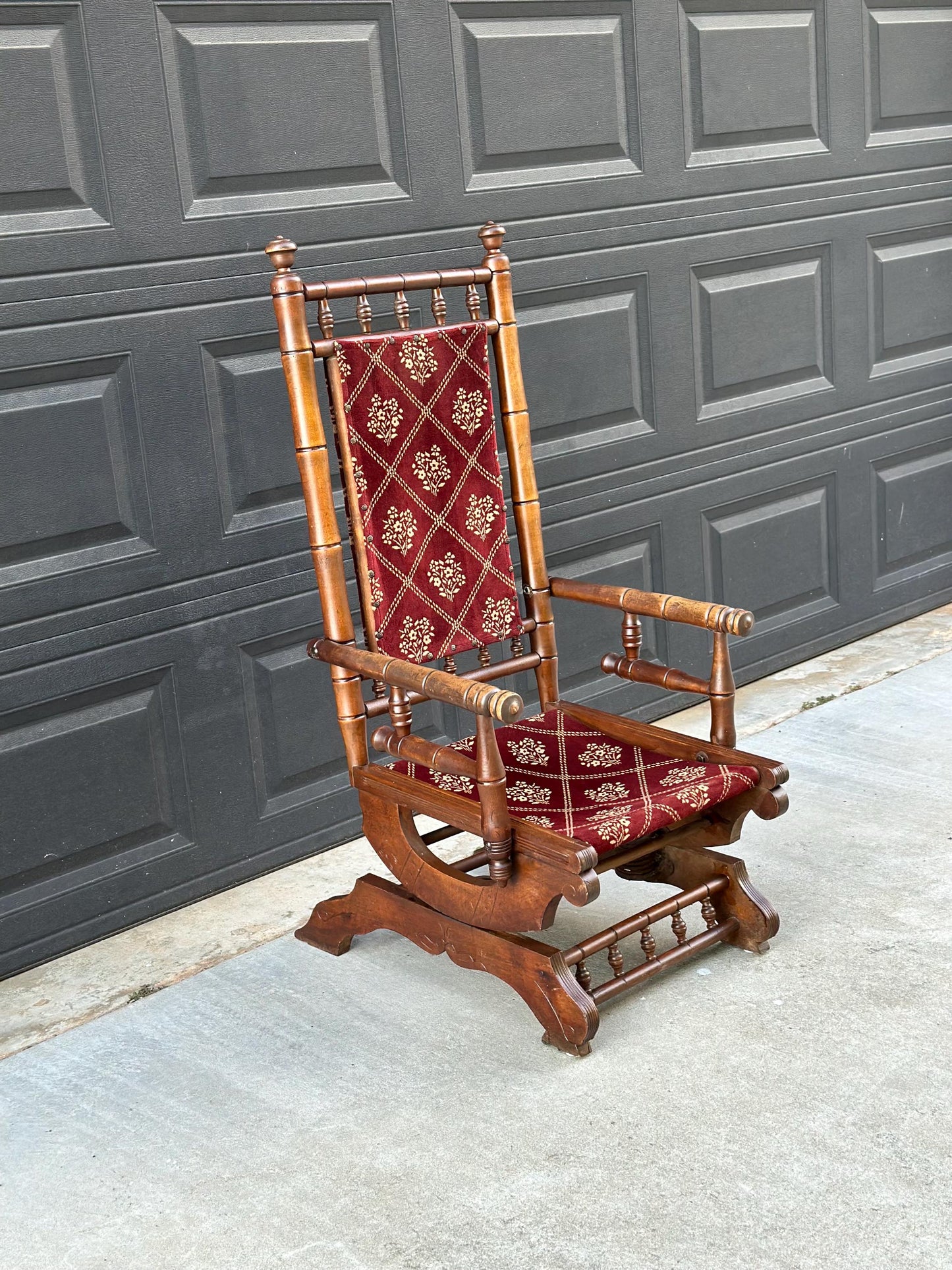 Antique Late 19th C. Eastlake Carved Walnut Wood Upholstered Rustic Rocking Accent Chair