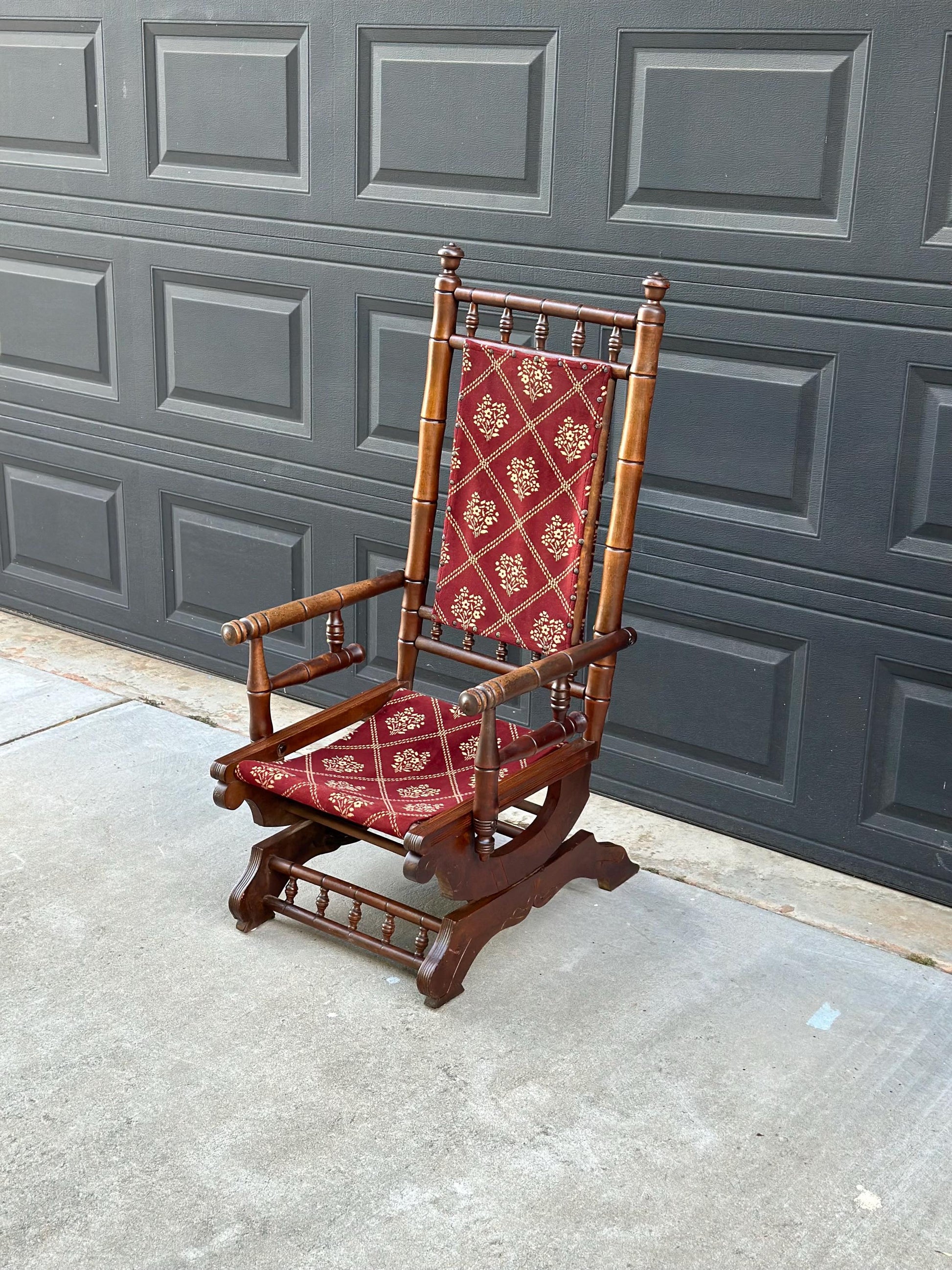 Antique Late 19th C. Eastlake Carved Walnut Wood Upholstered Rustic Rocking Accent Chair