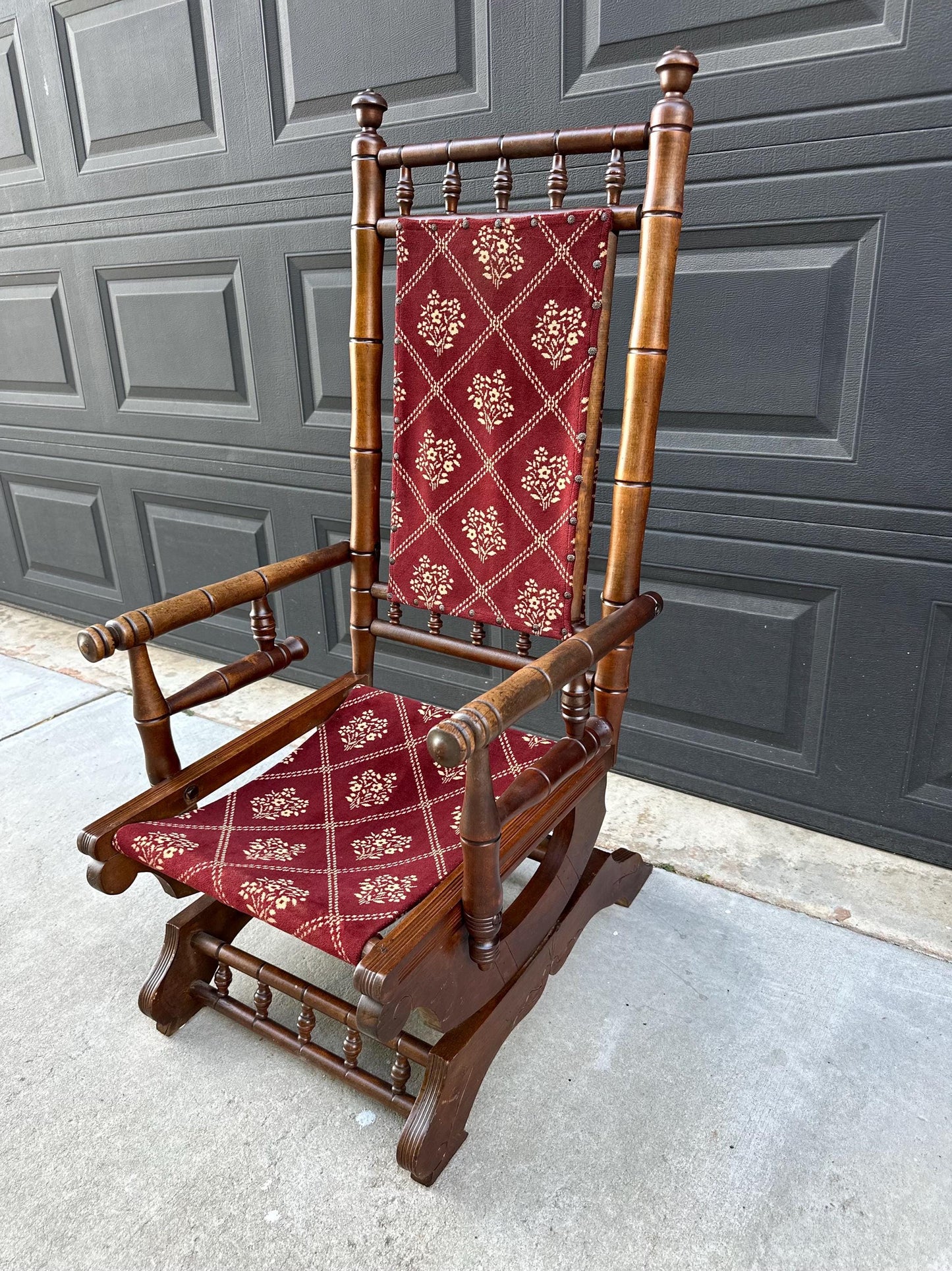 Antique Late 19th C. Eastlake Carved Walnut Wood Upholstered Rustic Rocking Accent Chair