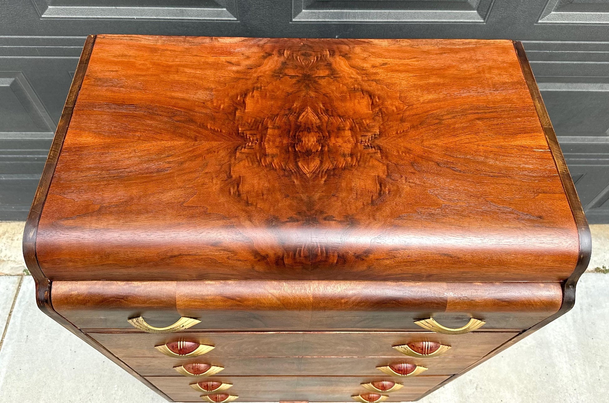Vintage Early 1900s Art Deco Waterfall Tallboy Walnut Chest of Drawers on Casters 34" Wide