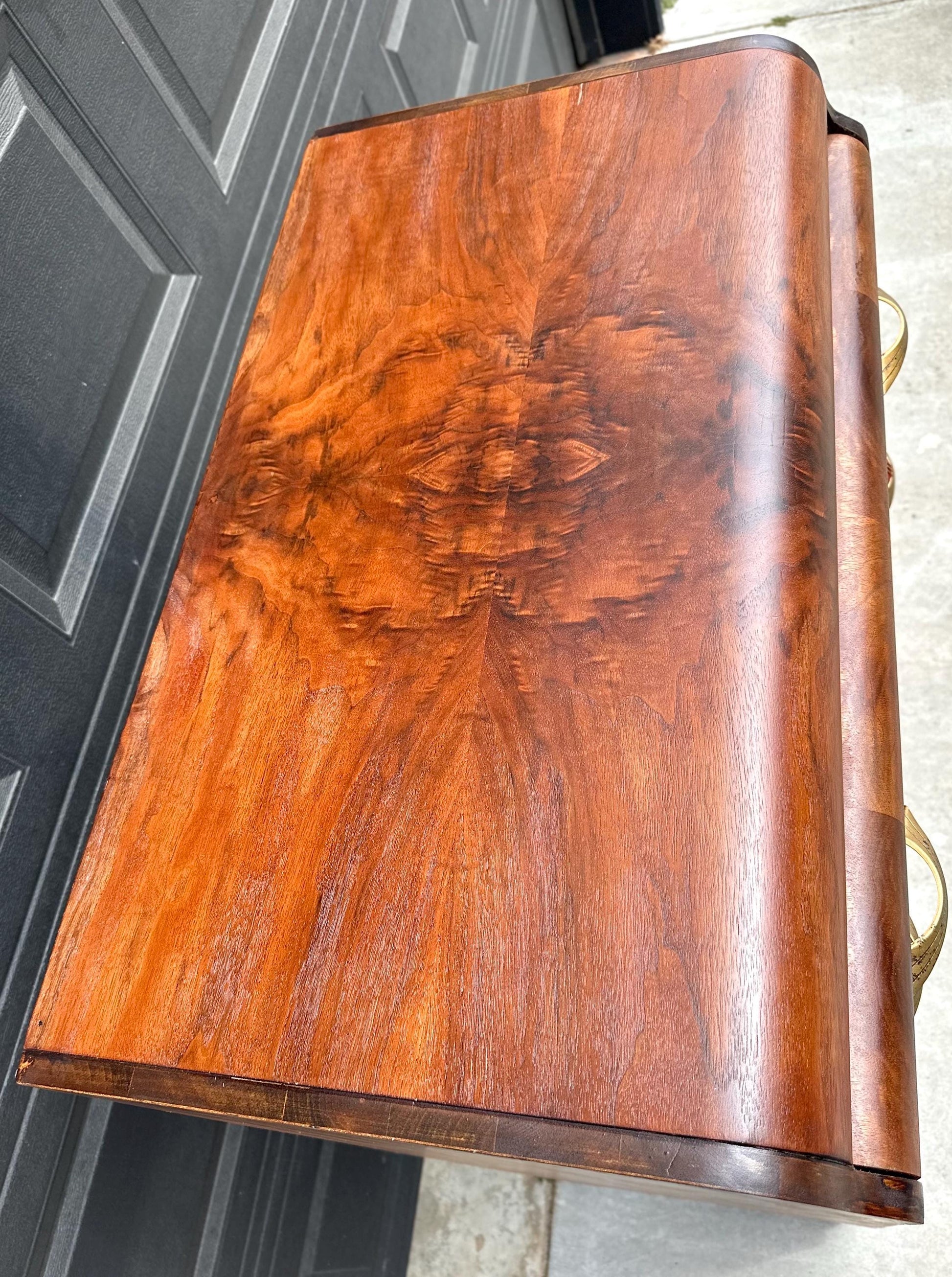 Vintage Early 1900s Art Deco Waterfall Tallboy Walnut Chest of Drawers on Casters 34" Wide