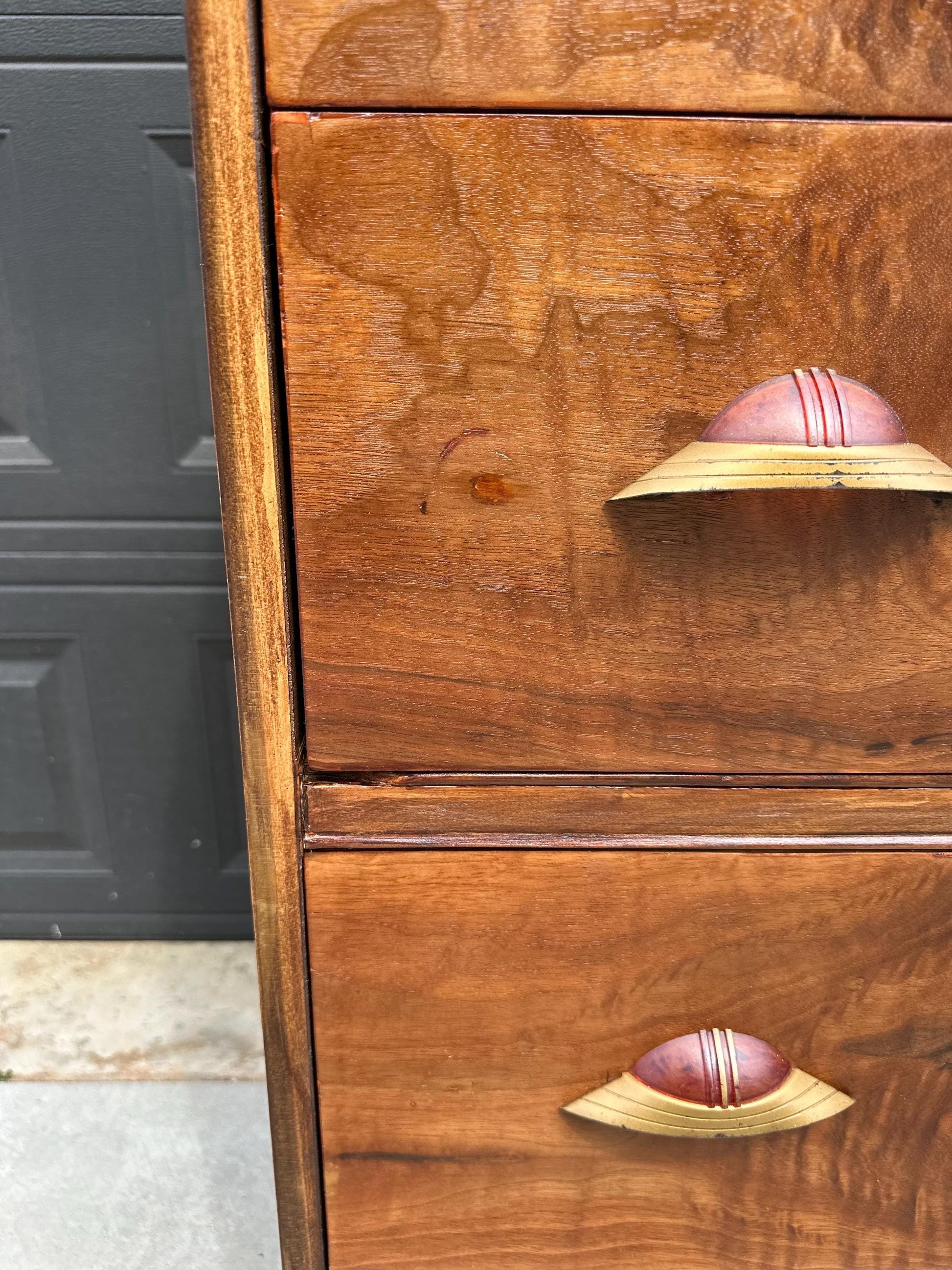 Vintage Early 1900s Art Deco Waterfall Tallboy Walnut Chest of Drawers on Casters 34" Wide