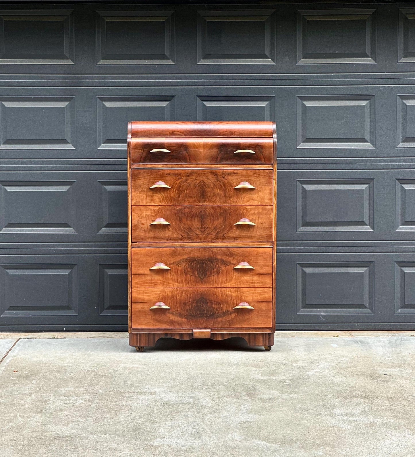 Vintage Early 1900s Art Deco Waterfall Tallboy Walnut Chest of Drawers on Casters 34" Wide