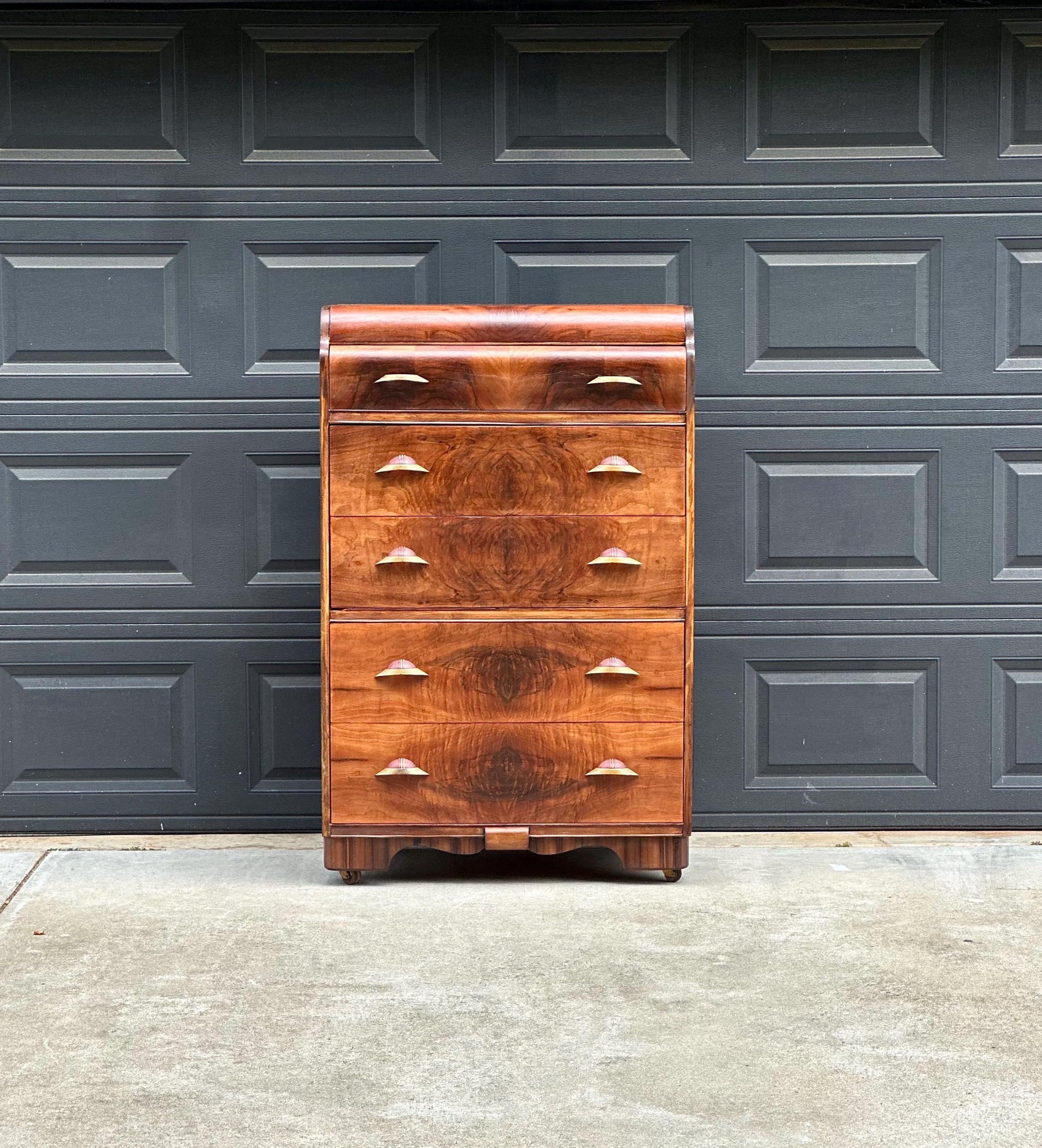 Vintage Early 1900s Art Deco Waterfall Tallboy Walnut Chest of Drawers on Casters 34" Wide