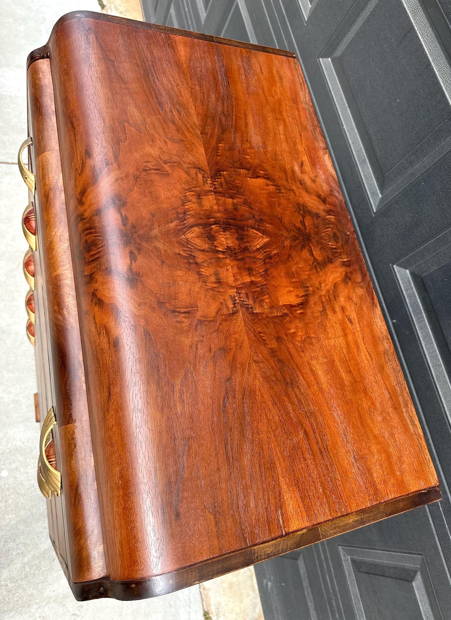 Vintage Early 1900s Art Deco Waterfall Tallboy Walnut Chest of Drawers on Casters 34" Wide