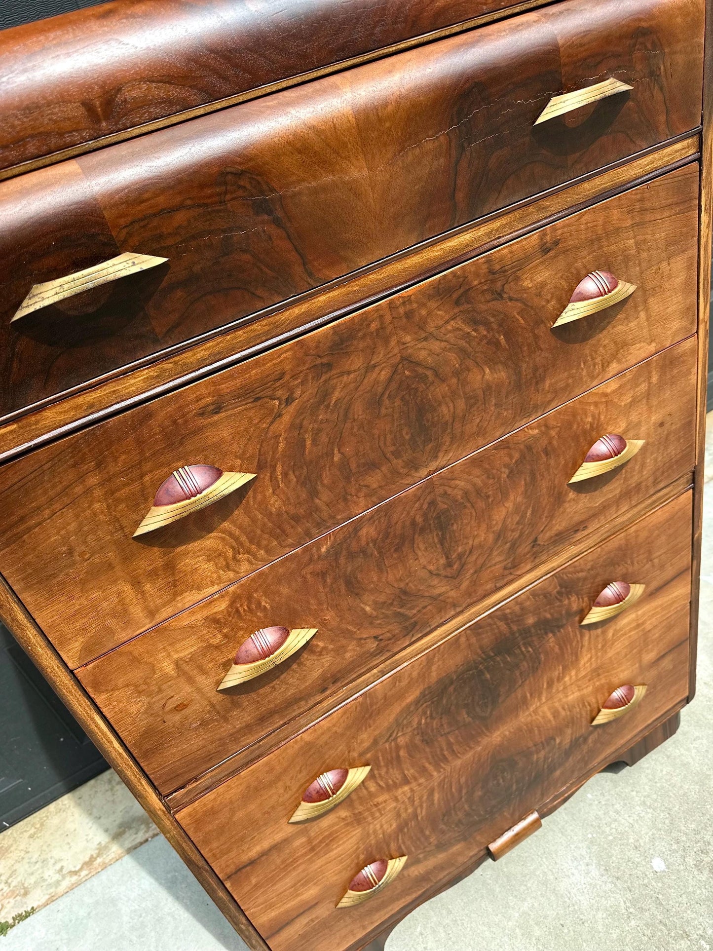 Vintage Early 1900s Art Deco Waterfall Tallboy Walnut Chest of Drawers on Casters 34" Wide