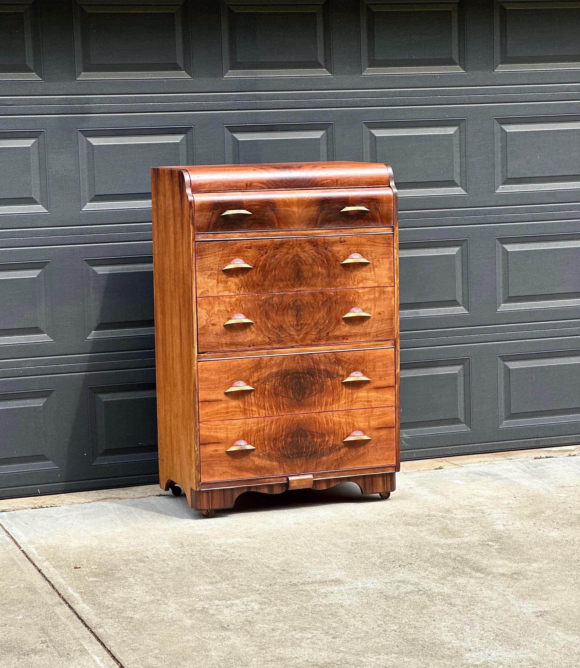 Vintage Early 1900s Art Deco Waterfall Tallboy Walnut Chest of Drawers on Casters 34" Wide