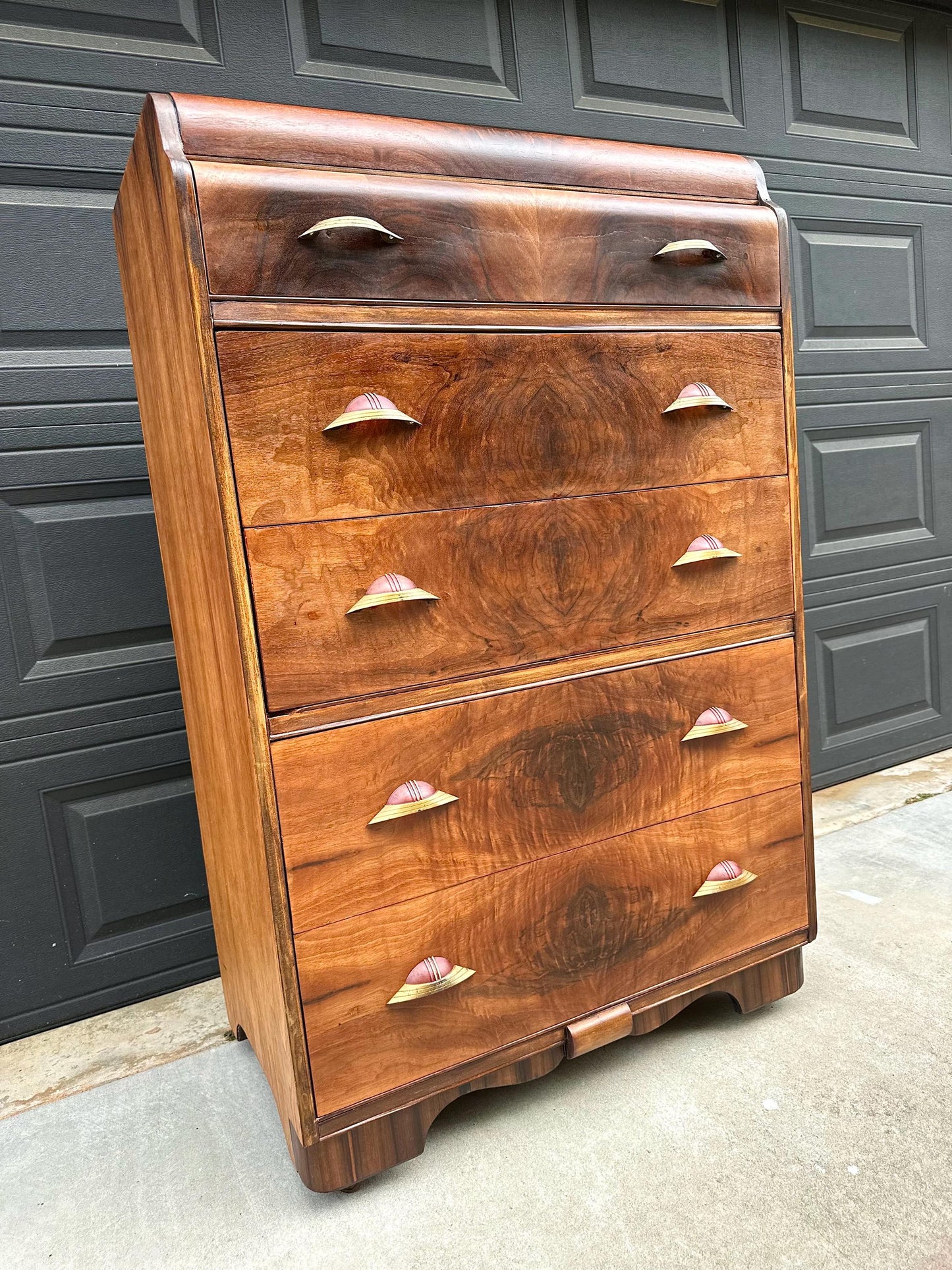 Vintage Early 1900s Art Deco Waterfall Tallboy Walnut Chest of Drawers on Casters 34" Wide