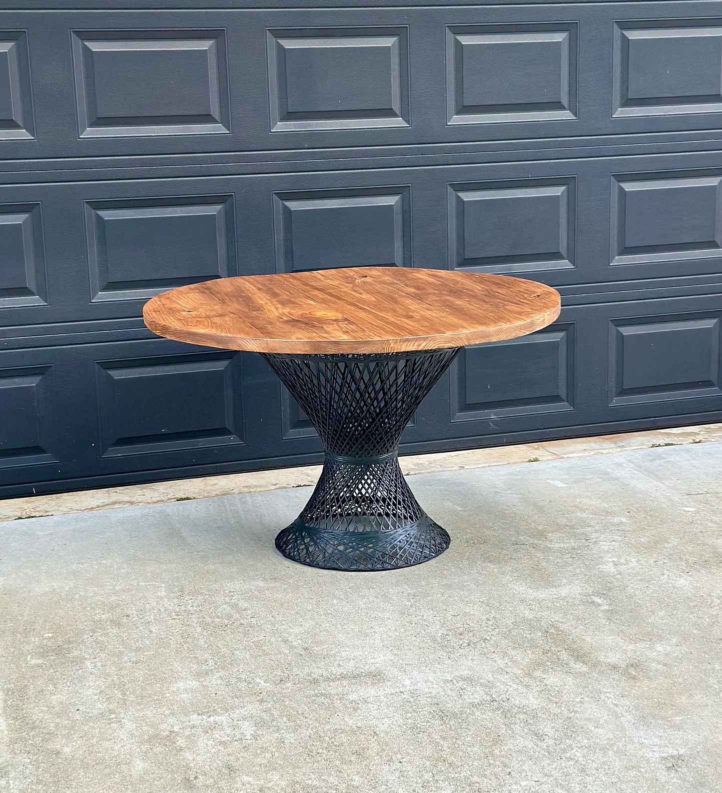 Vintage Mid Century Russell Woodard Spun Fiberglass & Oak Solid Wood Round Bistro Dining Table 47" Diameter