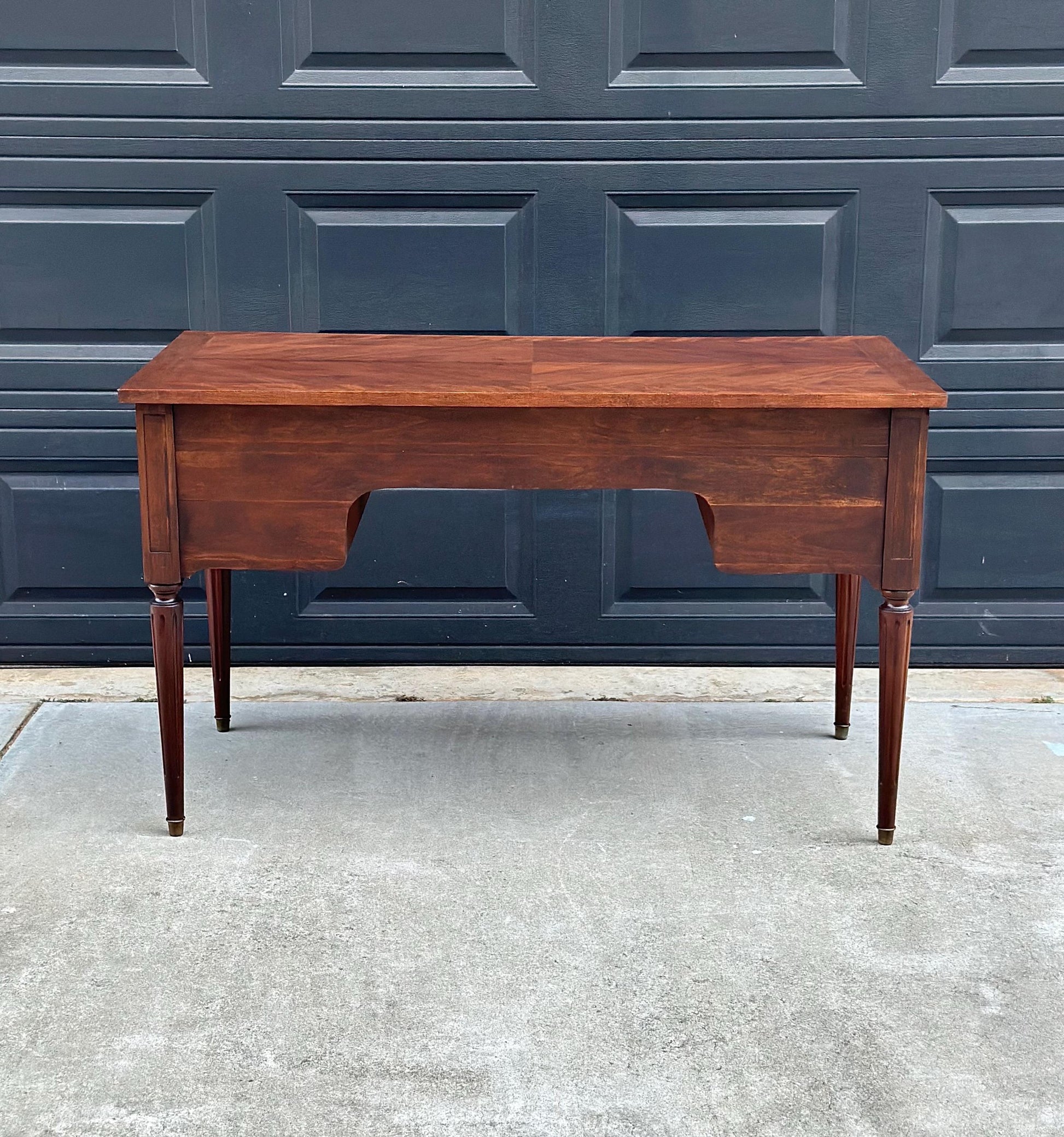 Antique Early 20th Century Fluted Leg Federal Parquet Top Mahogany Wood Accent Table with Gilt Trim 50" Wide