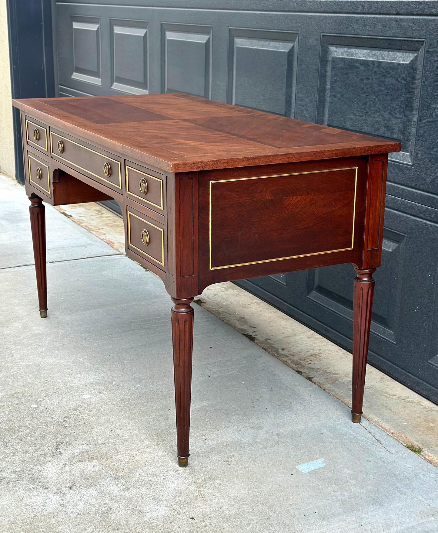 Antique Early 20th Century Fluted Leg Federal Parquet Top Mahogany Wood Accent Table with Gilt Trim 50" Wide
