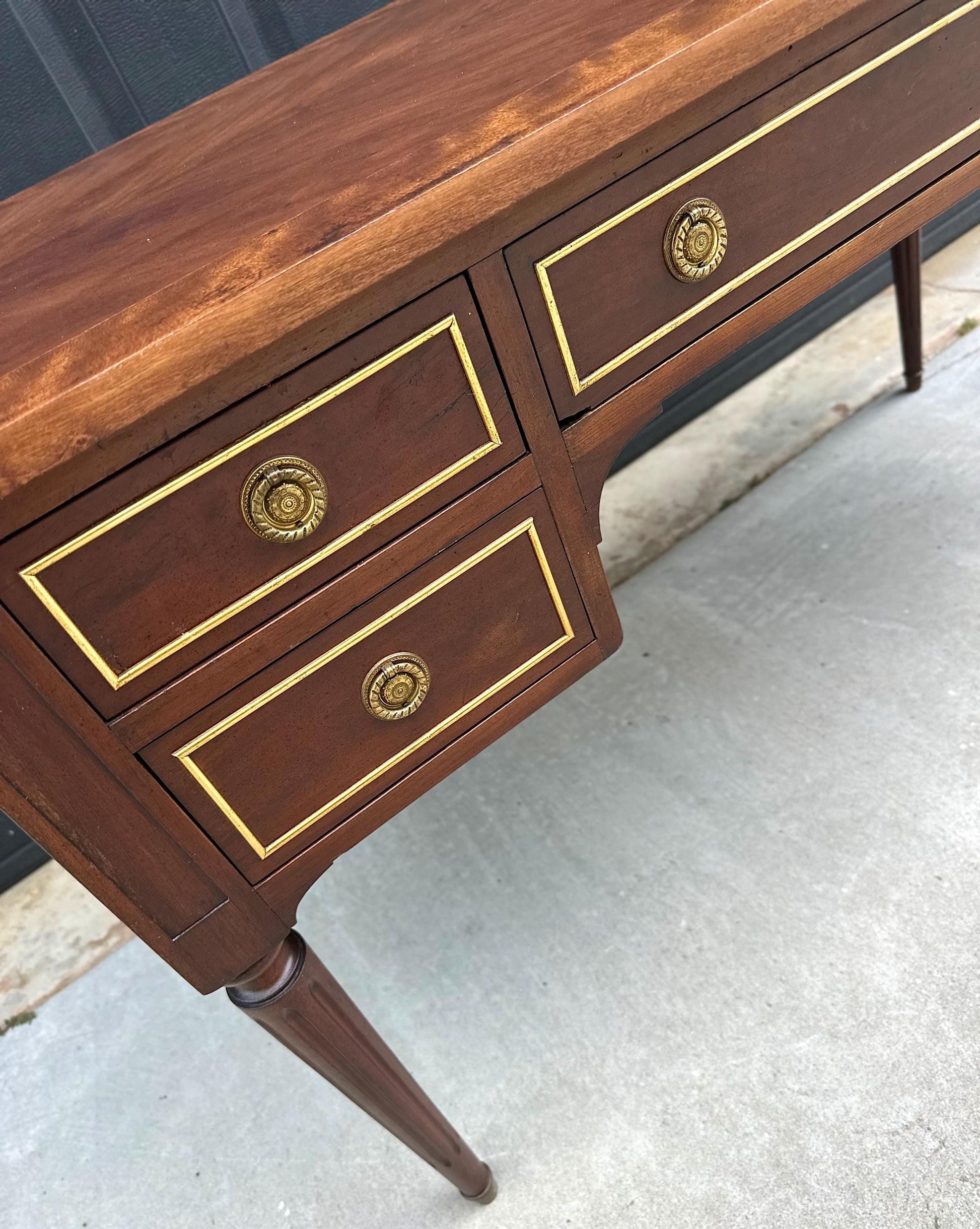 Antique Early 20th Century Fluted Leg Federal Parquet Top Mahogany Wood Accent Table with Gilt Trim 50" Wide