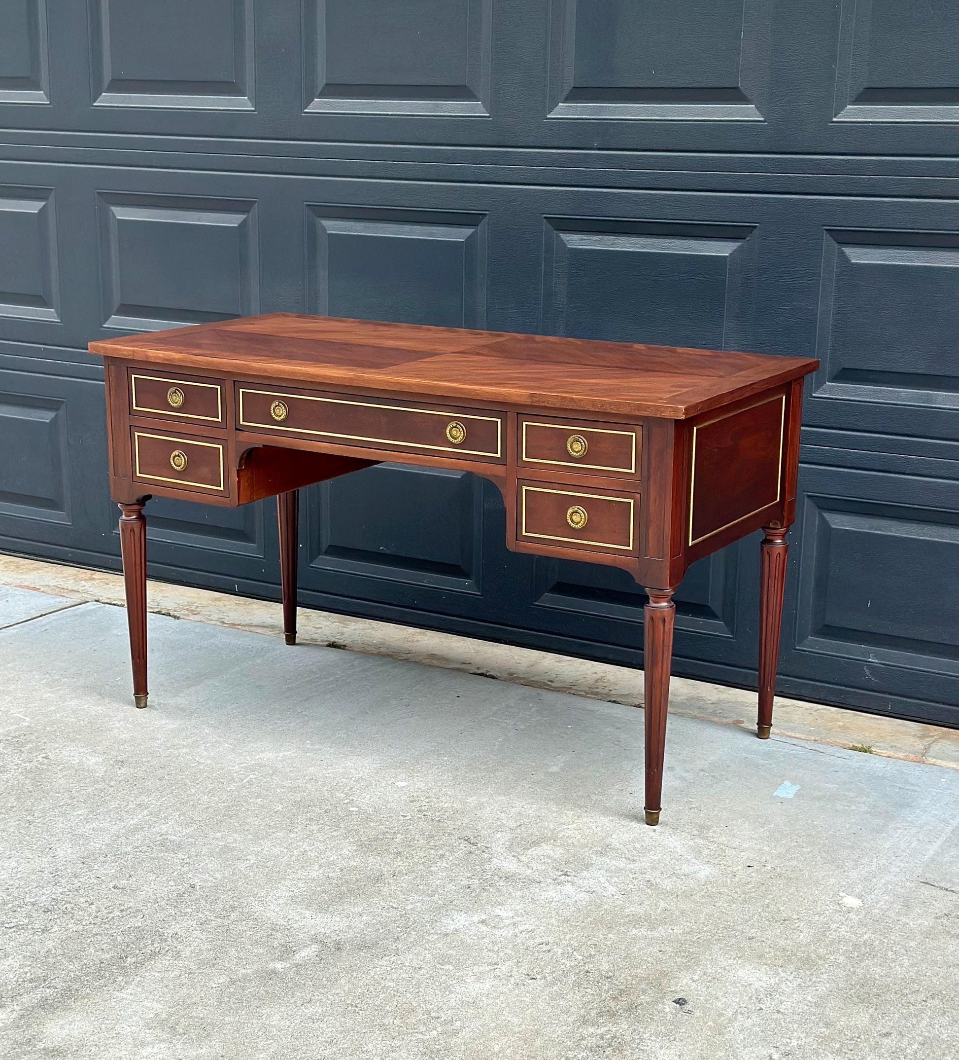 Antique Early 20th Century Fluted Leg Federal Parquet Top Mahogany Wood Accent Table with Gilt Trim 50" Wide
