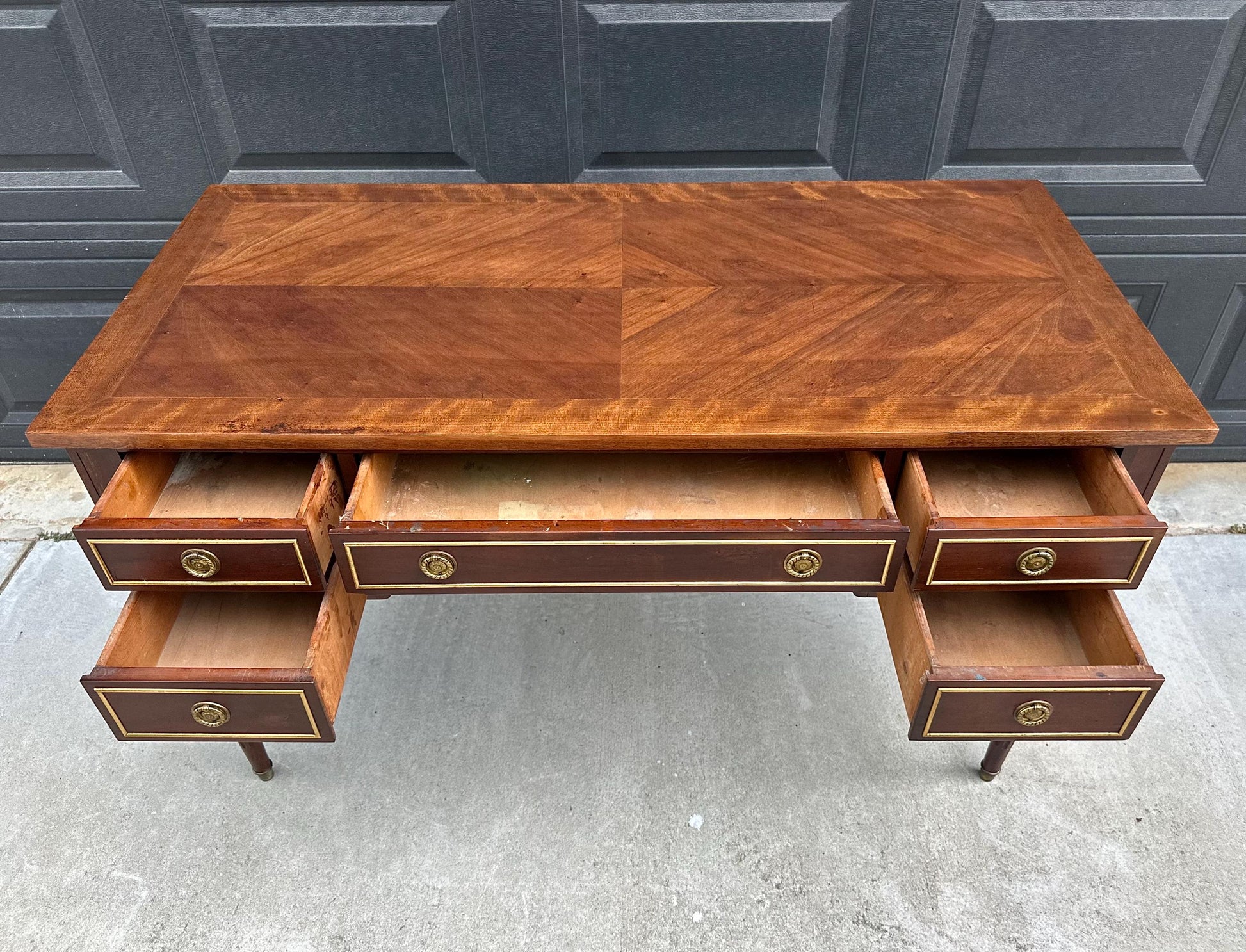 Antique Early 20th Century Fluted Leg Federal Parquet Top Mahogany Wood Accent Table with Gilt Trim 50" Wide