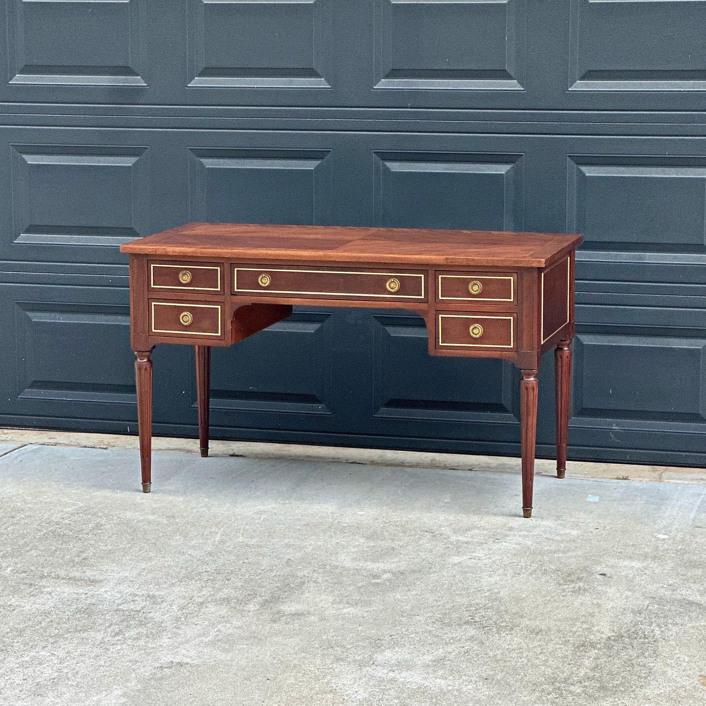 Antique Early 20th Century Fluted Leg Federal Parquet Top Mahogany Wood Accent Table with Gilt Trim 50" Wide