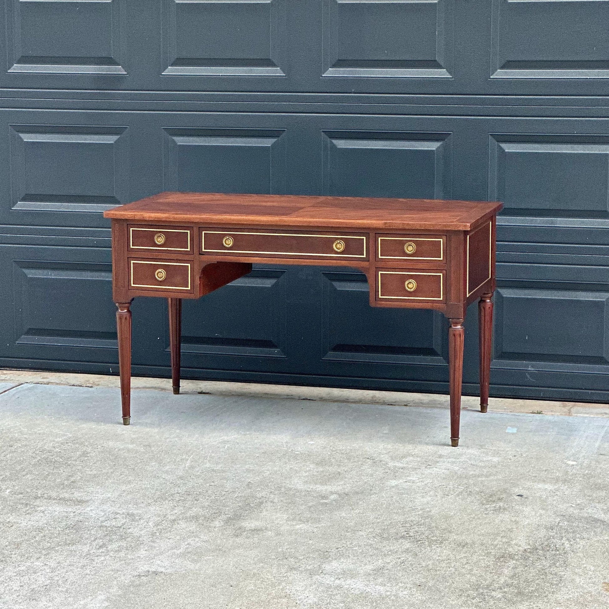 Antique Early 20th Century Fluted Leg Federal Parquet Top Mahogany Wood Accent Table with Gilt Trim 50" Wide