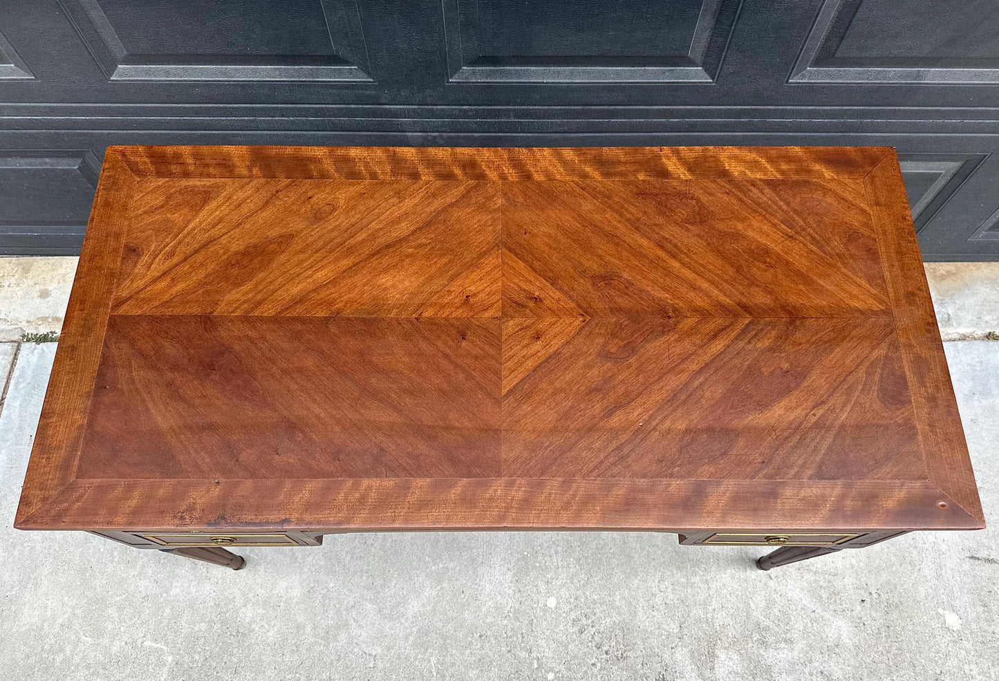 Antique Early 20th Century Fluted Leg Federal Parquet Top Mahogany Wood Accent Table with Gilt Trim 50" Wide