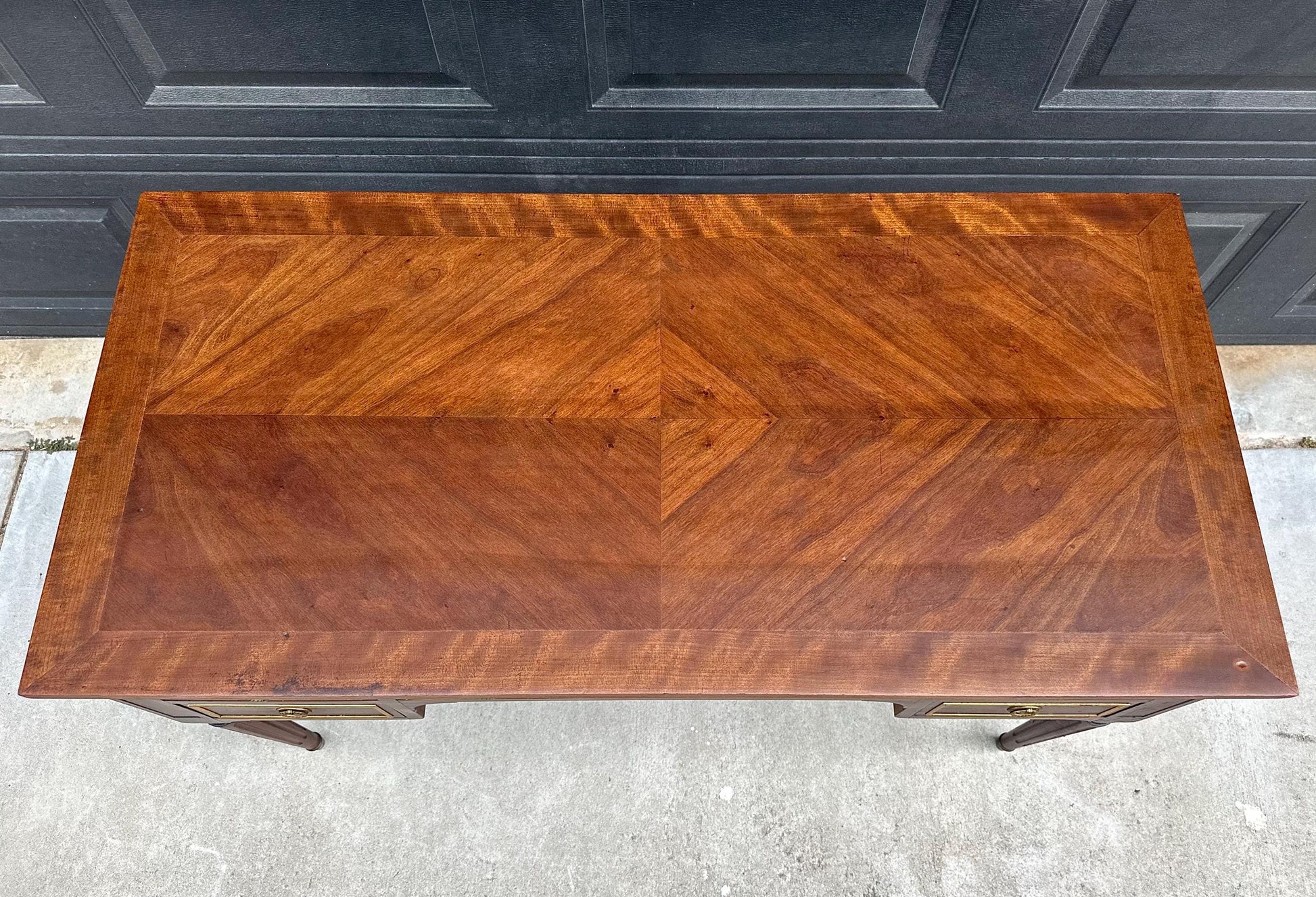 Antique Early 20th Century Fluted Leg Federal Parquet Top Mahogany Wood Accent Table with Gilt Trim 50" Wide