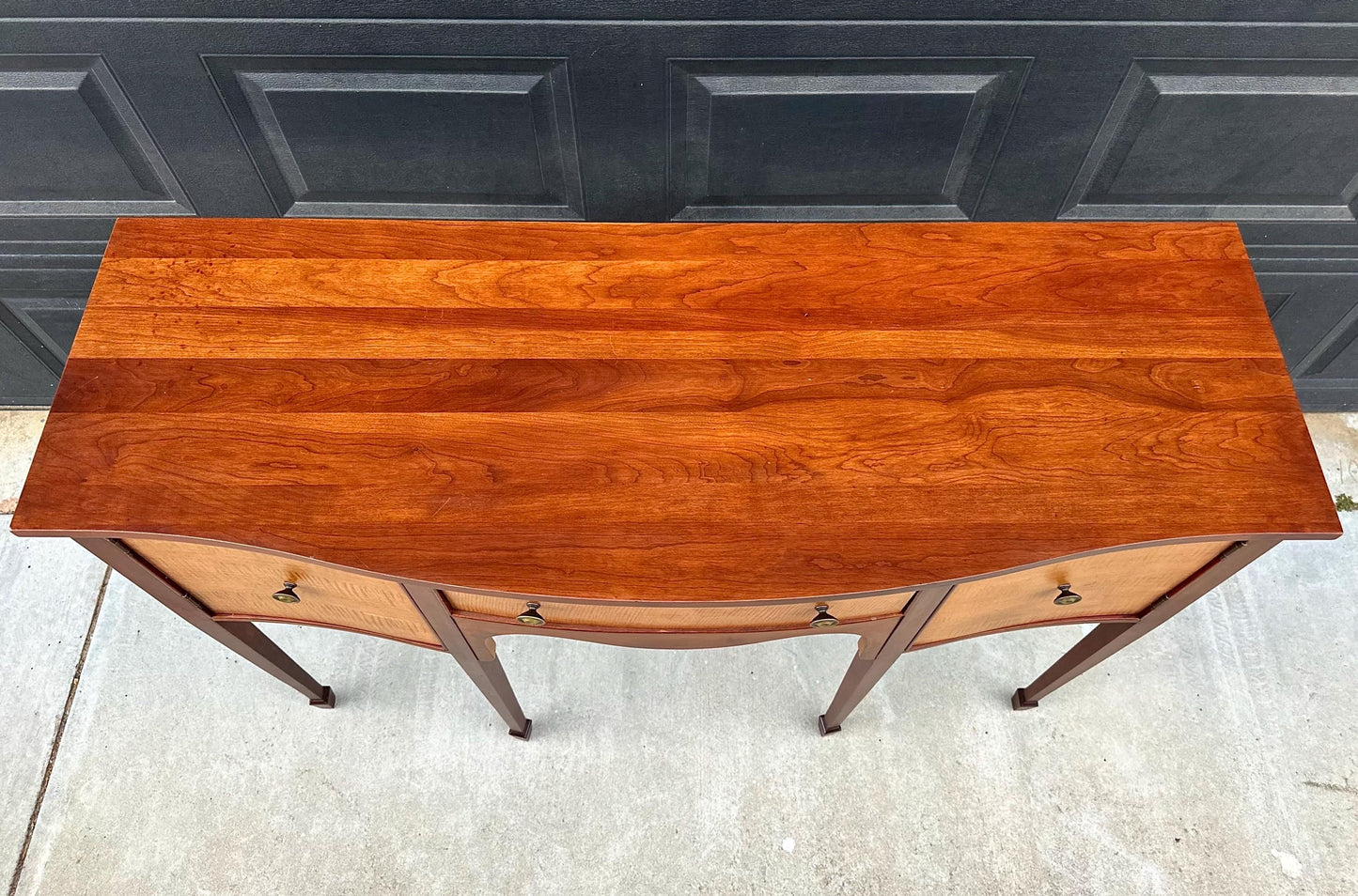 Vintage Late 20th C Solid Wood Two Tone Six Leg Narrow Sheraton Console Table with Cabinet & Drawer Storage