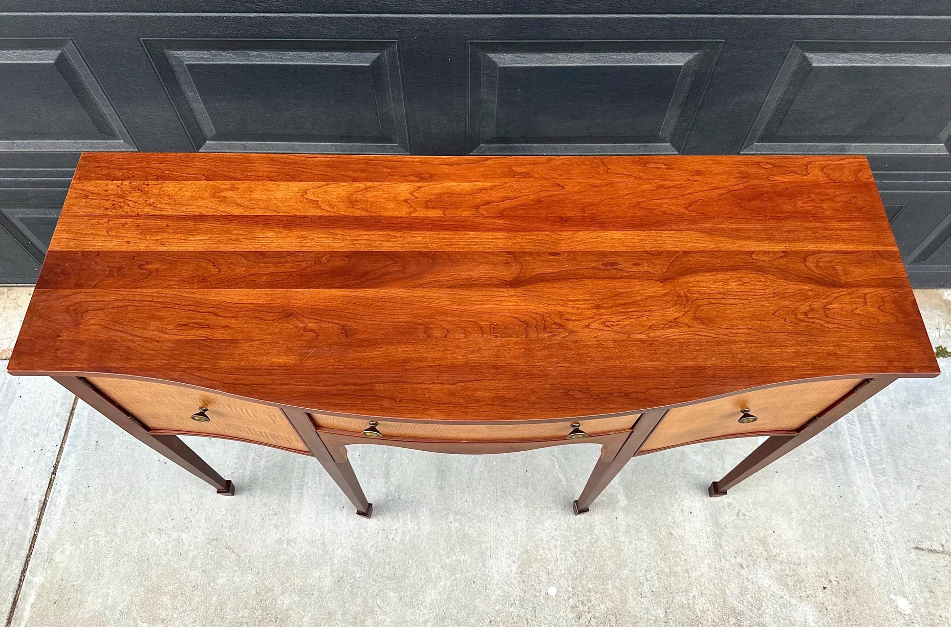 Vintage Late 20th C Solid Wood Two Tone Six Leg Narrow Sheraton Console Table with Cabinet & Drawer Storage