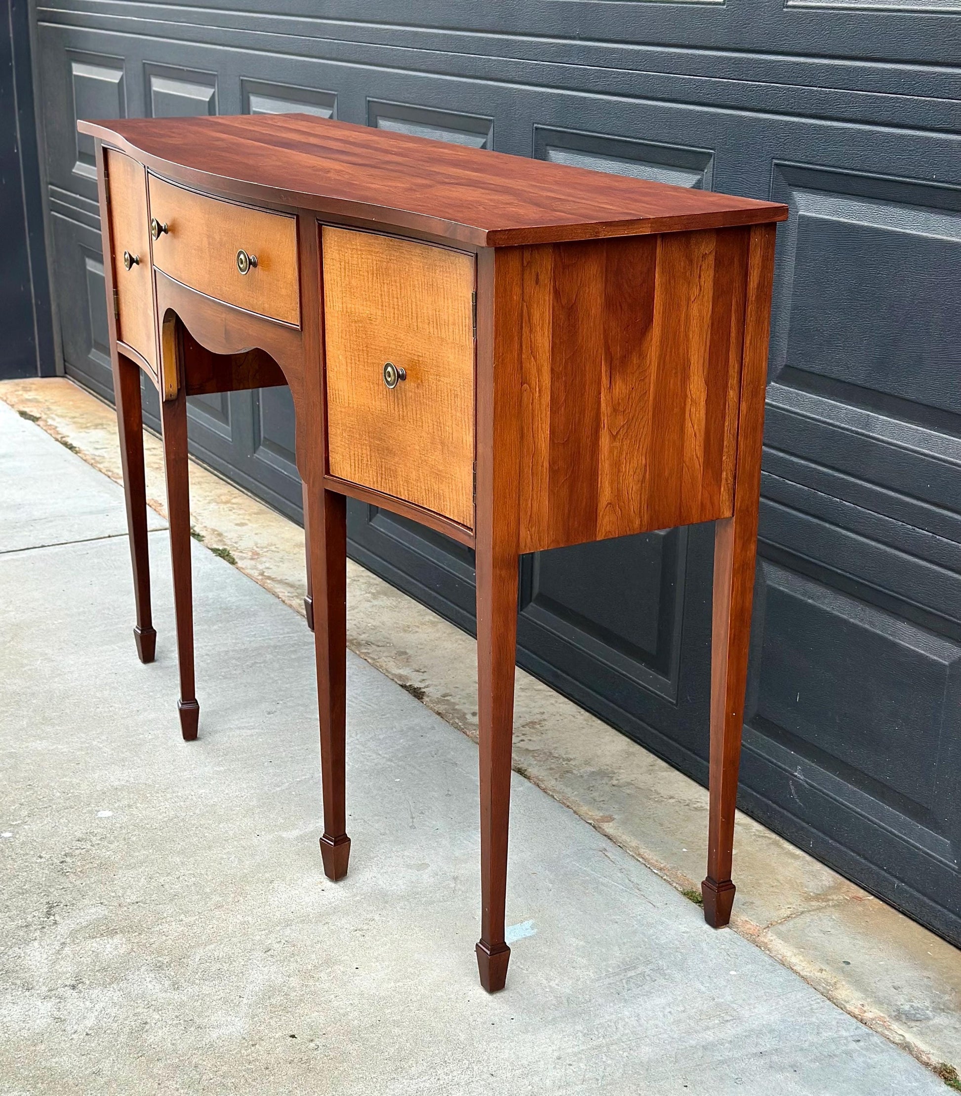 Vintage Late 20th C Solid Wood Two Tone Six Leg Narrow Sheraton Console Table with Cabinet & Drawer Storage