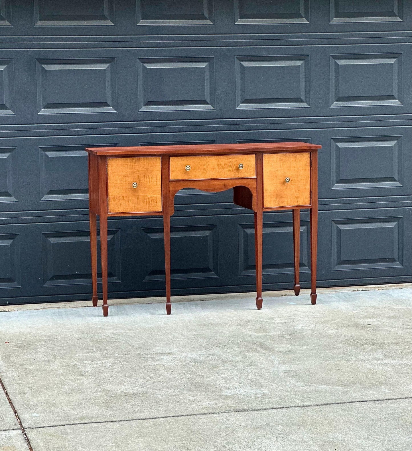 Vintage Late 20th C Solid Wood Two Tone Six Leg Narrow Sheraton Console Table with Cabinet & Drawer Storage