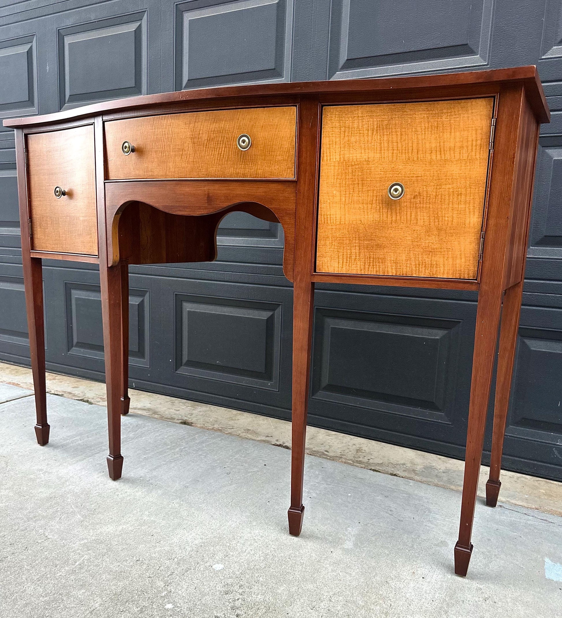 Vintage Late 20th C Solid Wood Two Tone Six Leg Narrow Sheraton Console Table with Cabinet & Drawer Storage