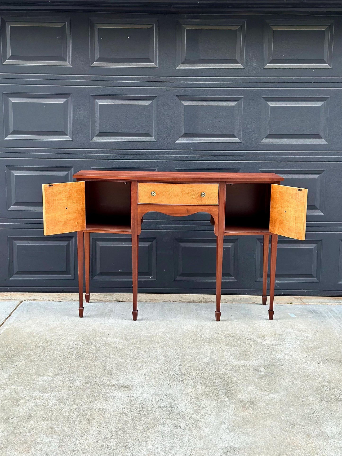 Vintage Late 20th C Solid Wood Two Tone Six Leg Narrow Sheraton Console Table with Cabinet & Drawer Storage