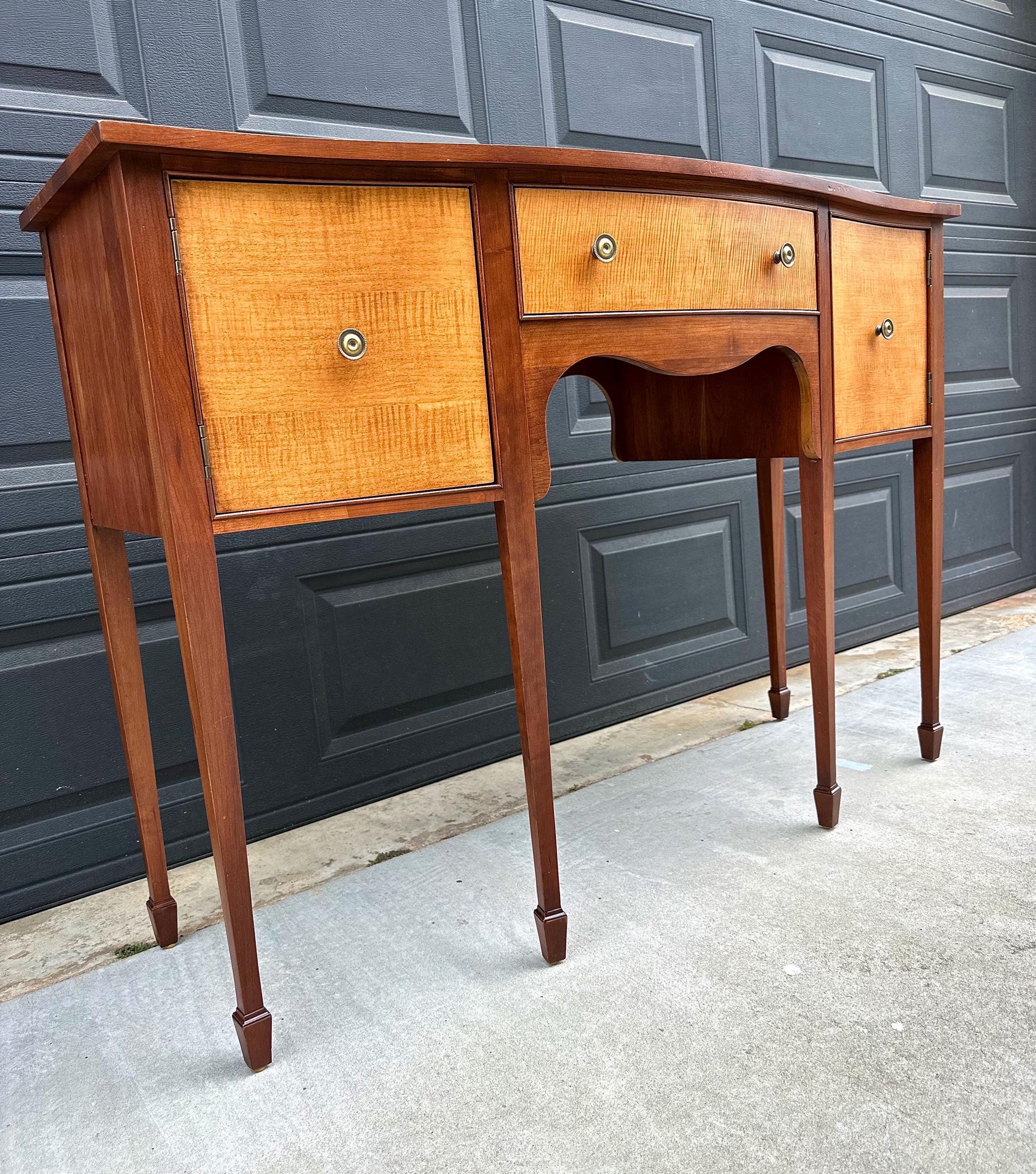 Vintage Late 20th C Solid Wood Two Tone Six Leg Narrow Sheraton Console Table with Cabinet & Drawer Storage