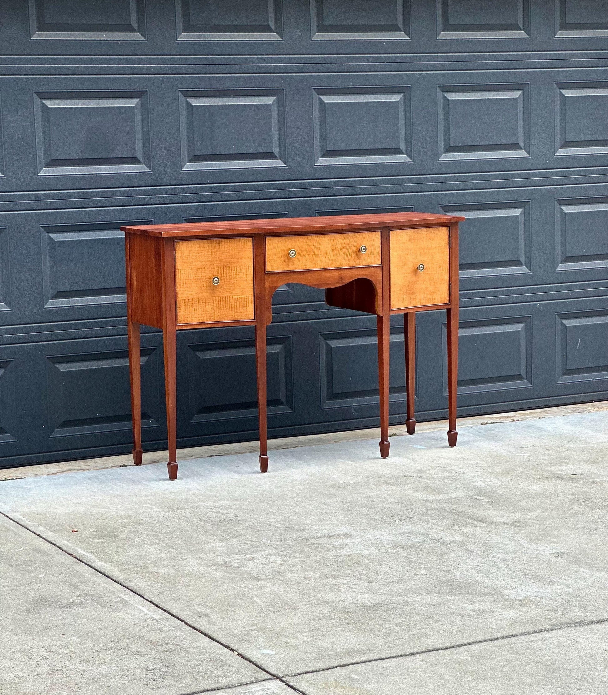 Vintage Late 20th C Solid Wood Two Tone Six Leg Narrow Sheraton Console Table with Cabinet & Drawer Storage