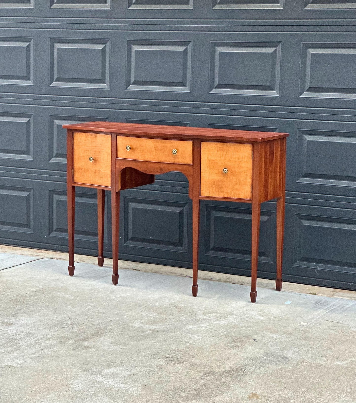 Vintage Late 20th C Solid Wood Two Tone Six Leg Narrow Sheraton Console Table with Cabinet & Drawer Storage