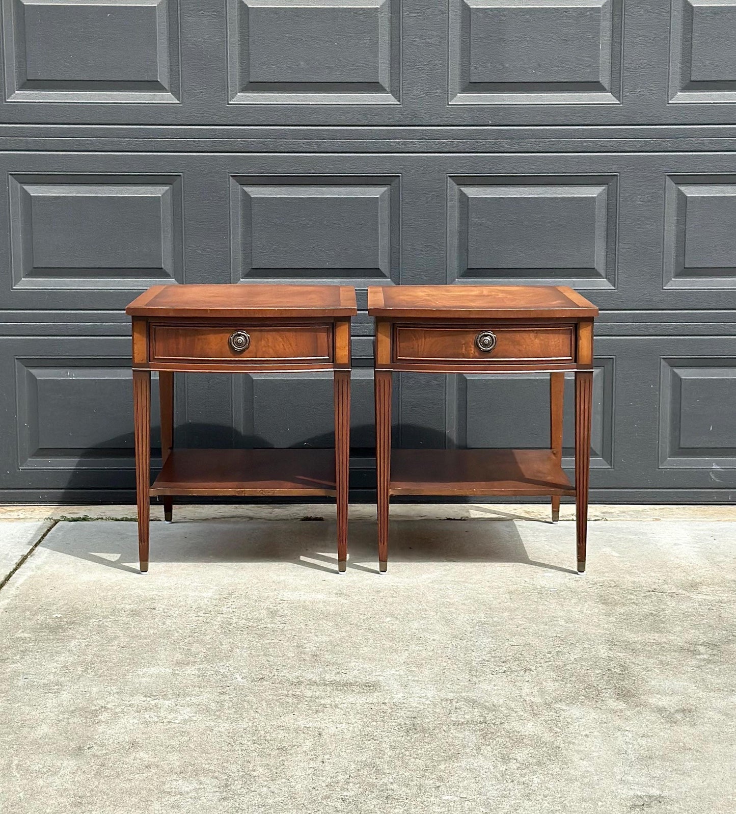 Vintage Mid 20th C Mahogany Wood Hepplewhite Bowfront Single Drawer Open Shelf End Tables - a Pair
