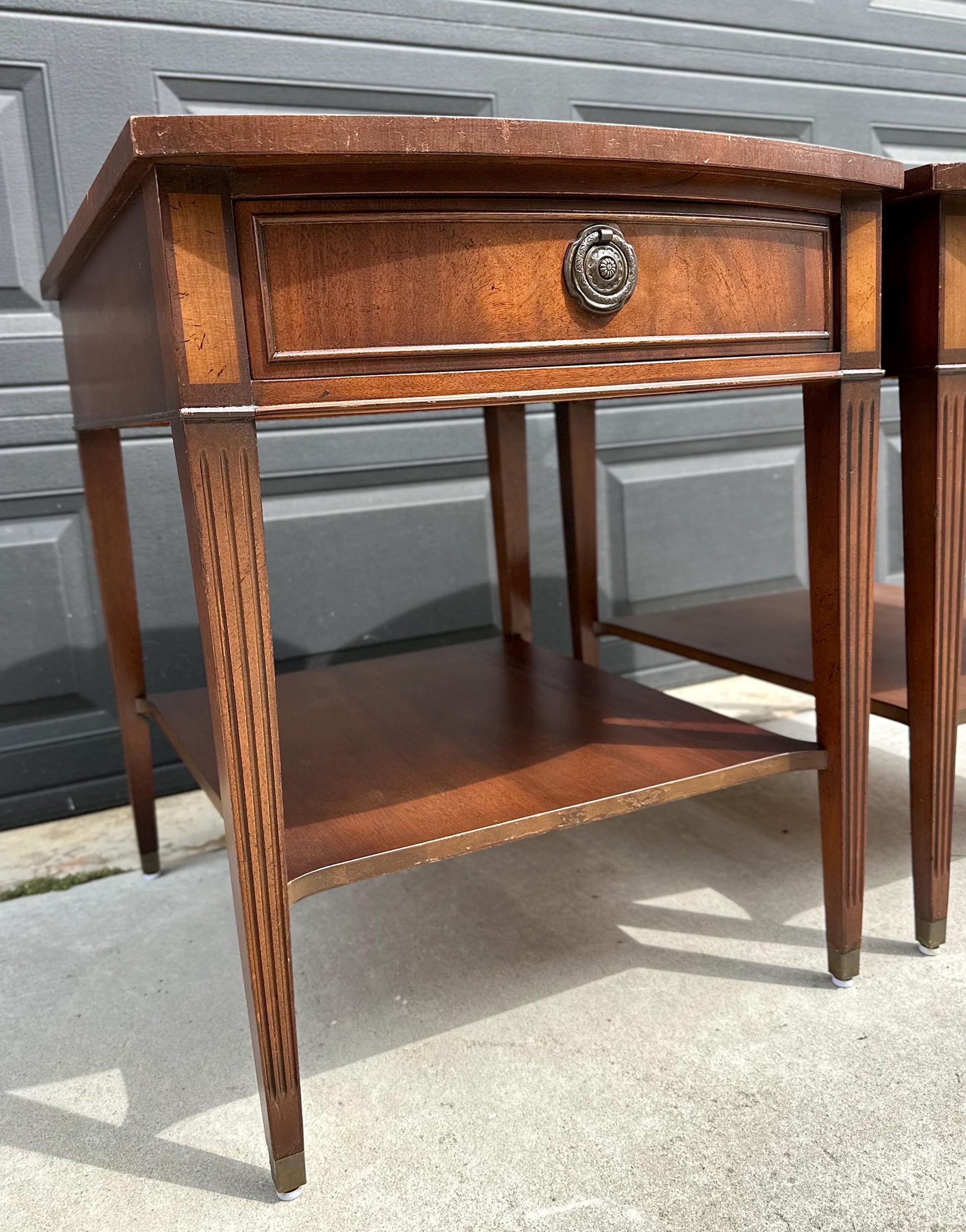 Vintage Mid 20th C Mahogany Wood Hepplewhite Bowfront Single Drawer Open Shelf End Tables - a Pair