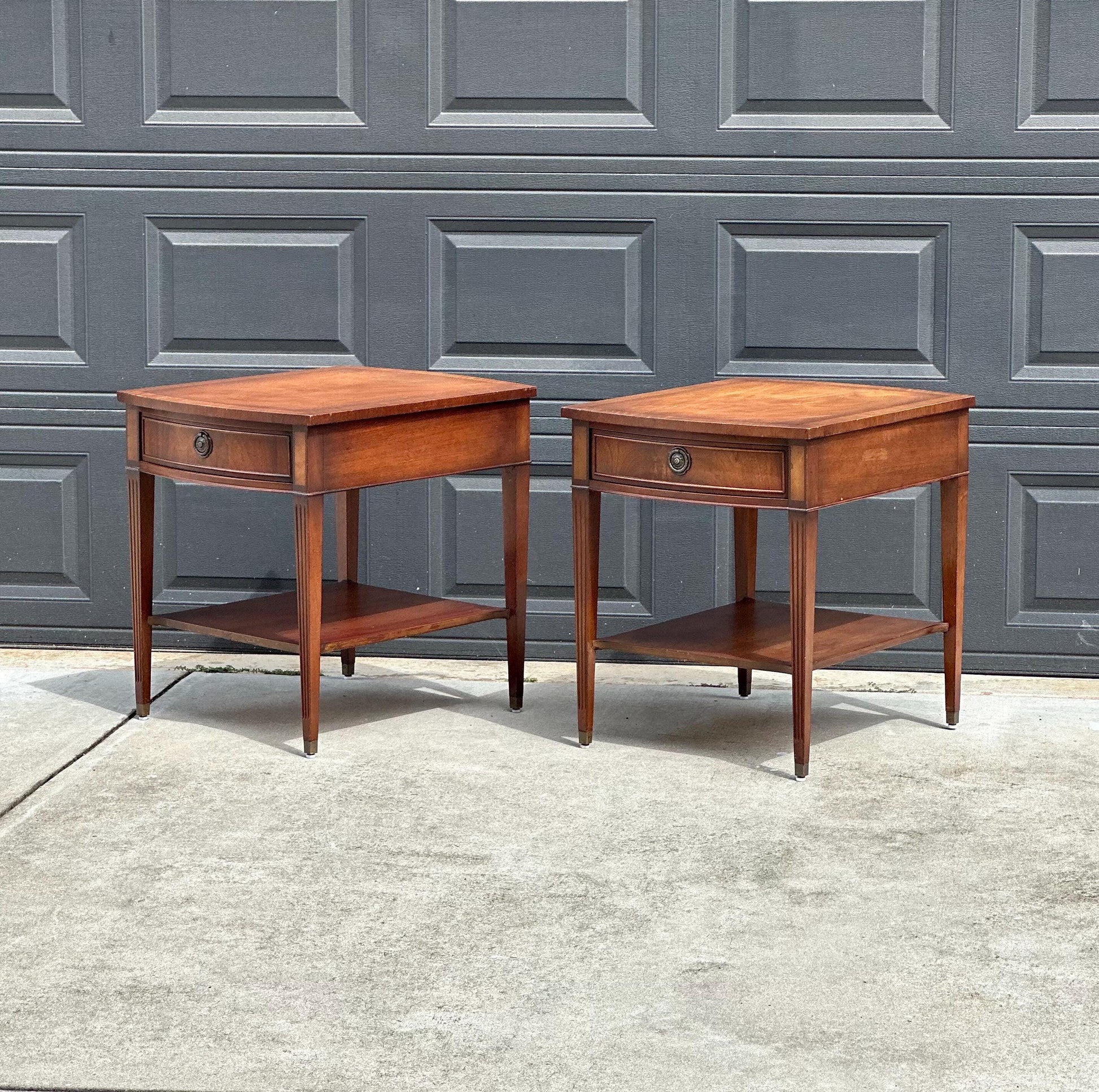 Vintage Mid 20th C Mahogany Wood Hepplewhite Bowfront Single Drawer Open Shelf End Tables - a Pair