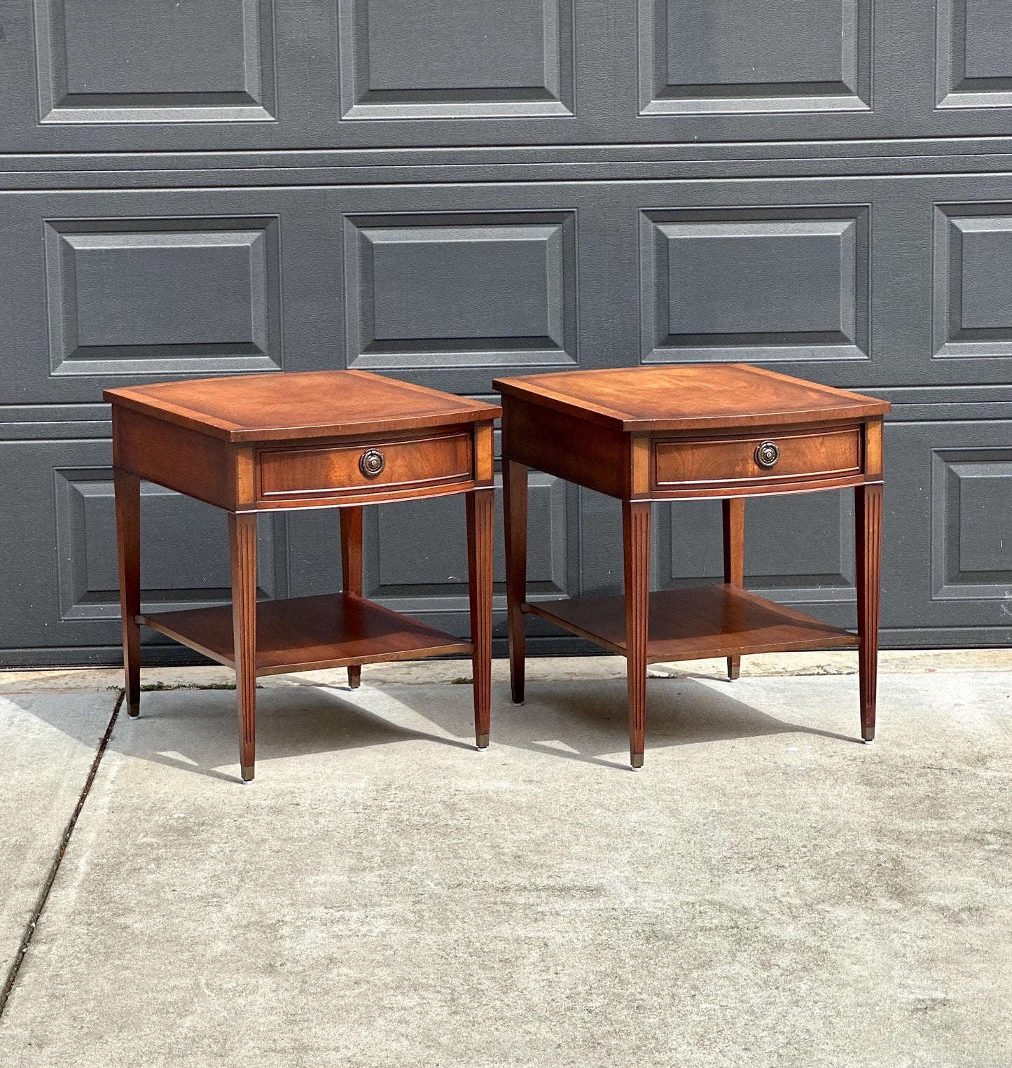 Vintage Mid 20th C Mahogany Wood Hepplewhite Bowfront Single Drawer Open Shelf End Tables - a Pair