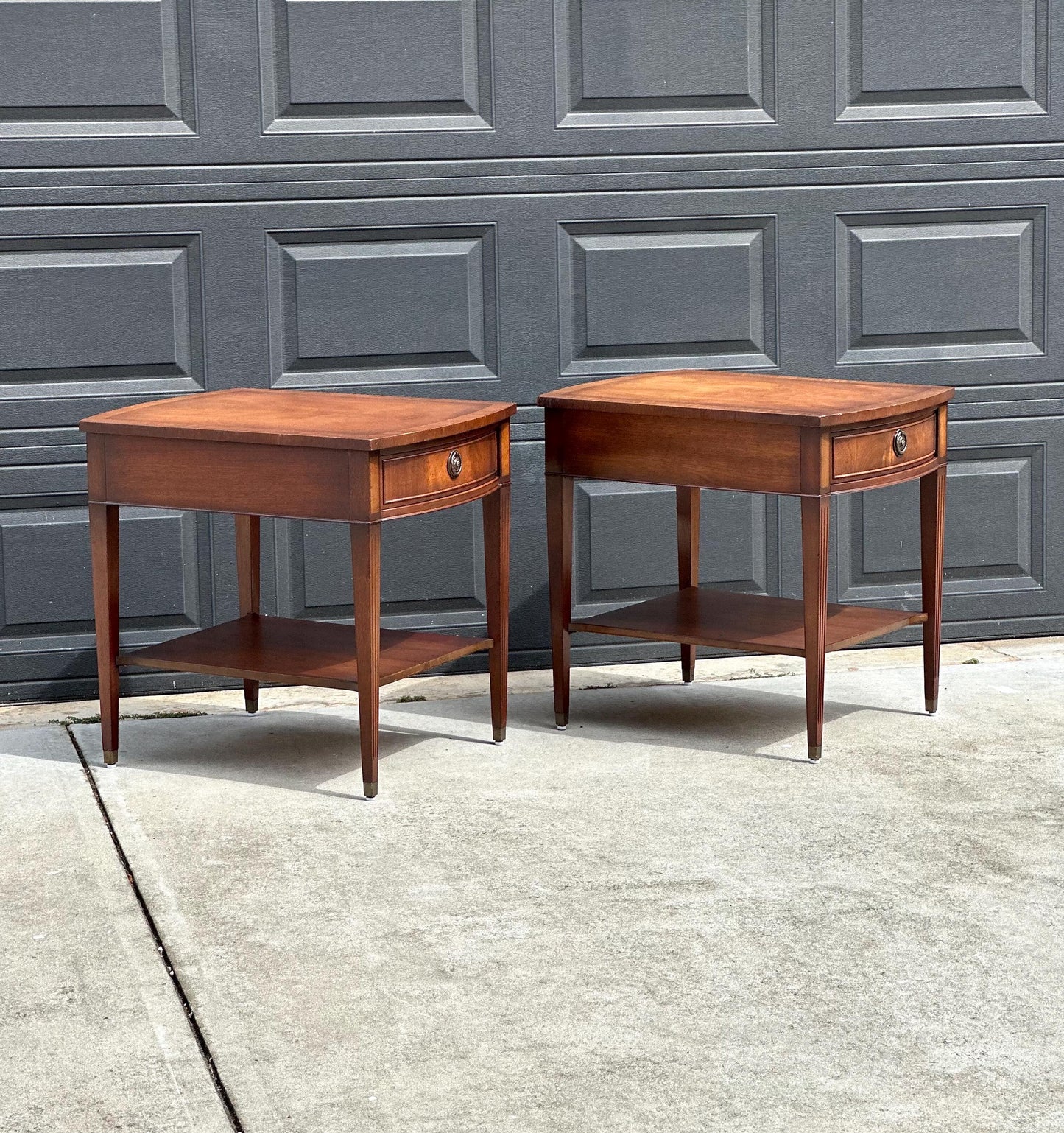 Vintage Mid 20th C Mahogany Wood Hepplewhite Bowfront Single Drawer Open Shelf End Tables - a Pair