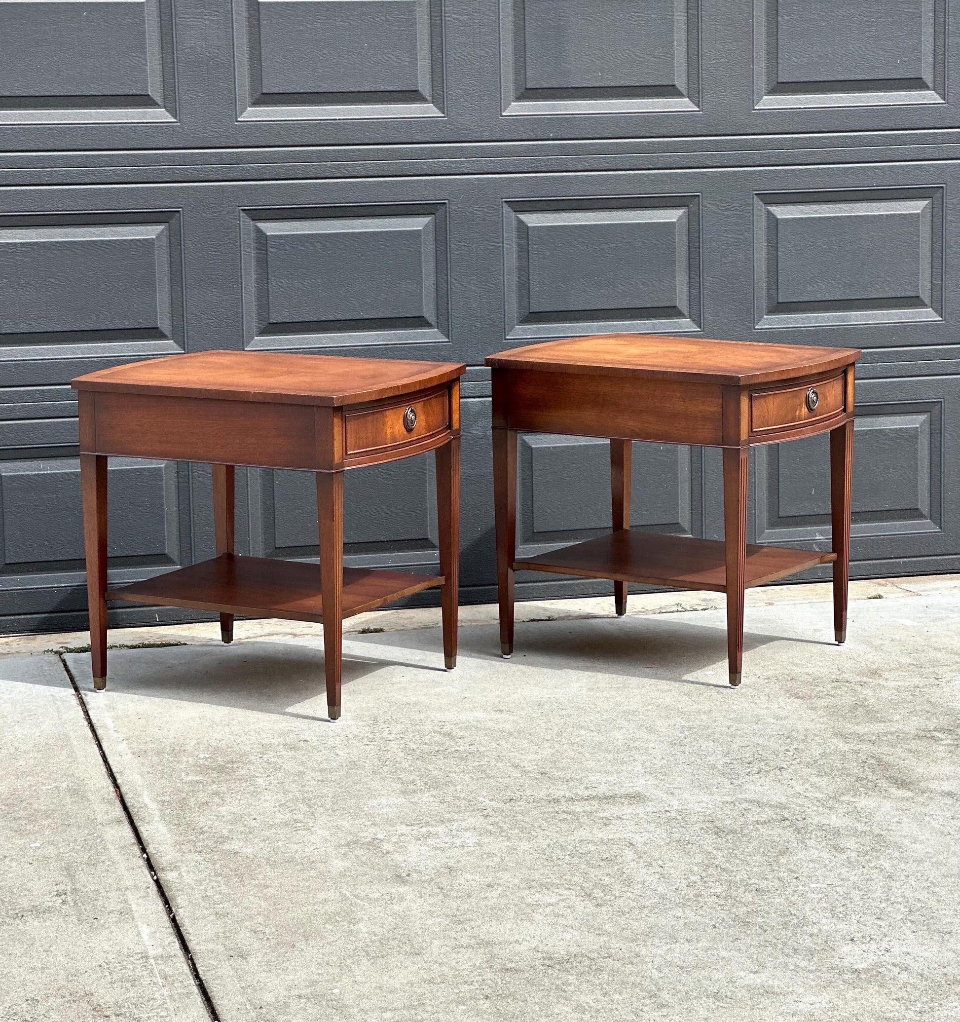 Vintage Mid 20th C Mahogany Wood Hepplewhite Bowfront Single Drawer Open Shelf End Tables - a Pair