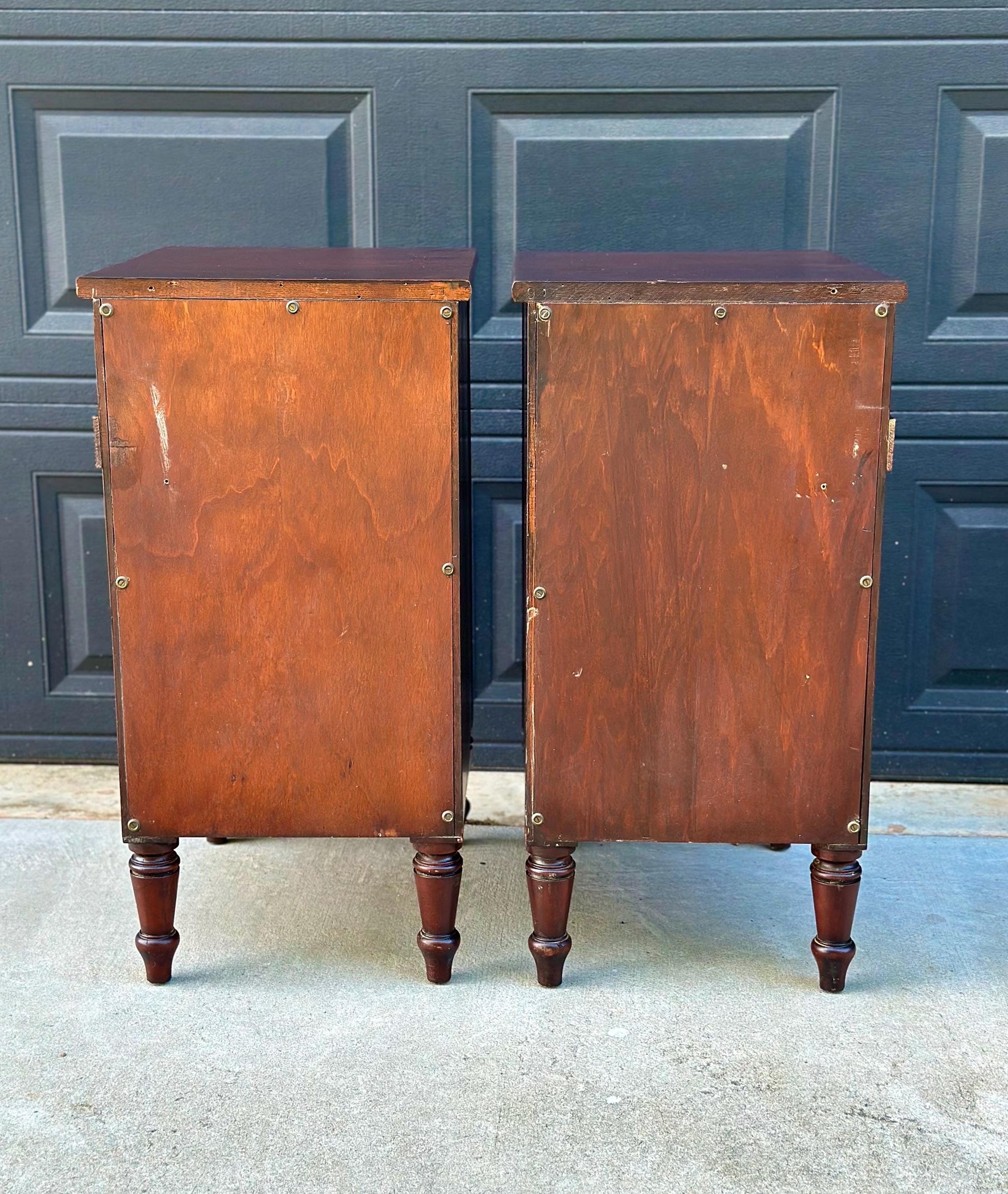 Antique Early 20th C Three Drawer Carved Solid Mahogany Wood Storage End Tables - a Pair