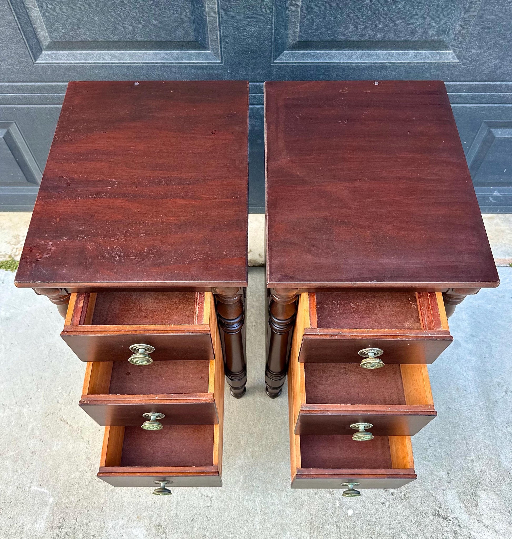 Antique Early 20th C Three Drawer Carved Solid Mahogany Wood Storage End Tables - a Pair
