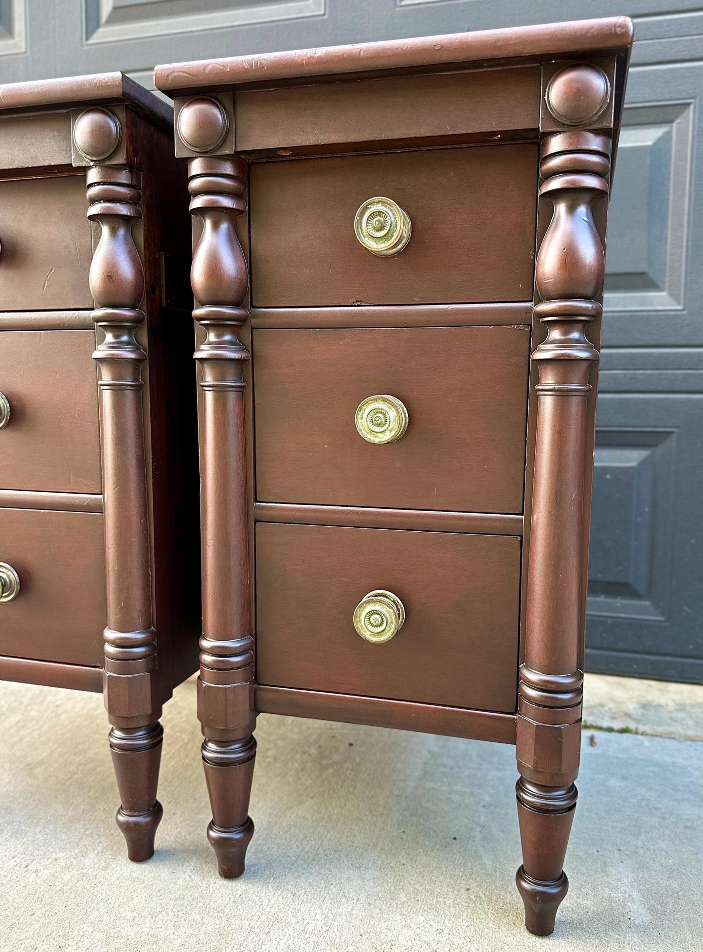 Antique Early 20th C Three Drawer Carved Solid Mahogany Wood Storage End Tables - a Pair
