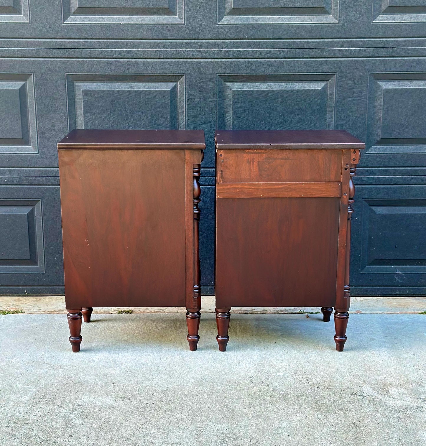 Antique Early 20th C Three Drawer Carved Solid Mahogany Wood Storage End Tables - a Pair