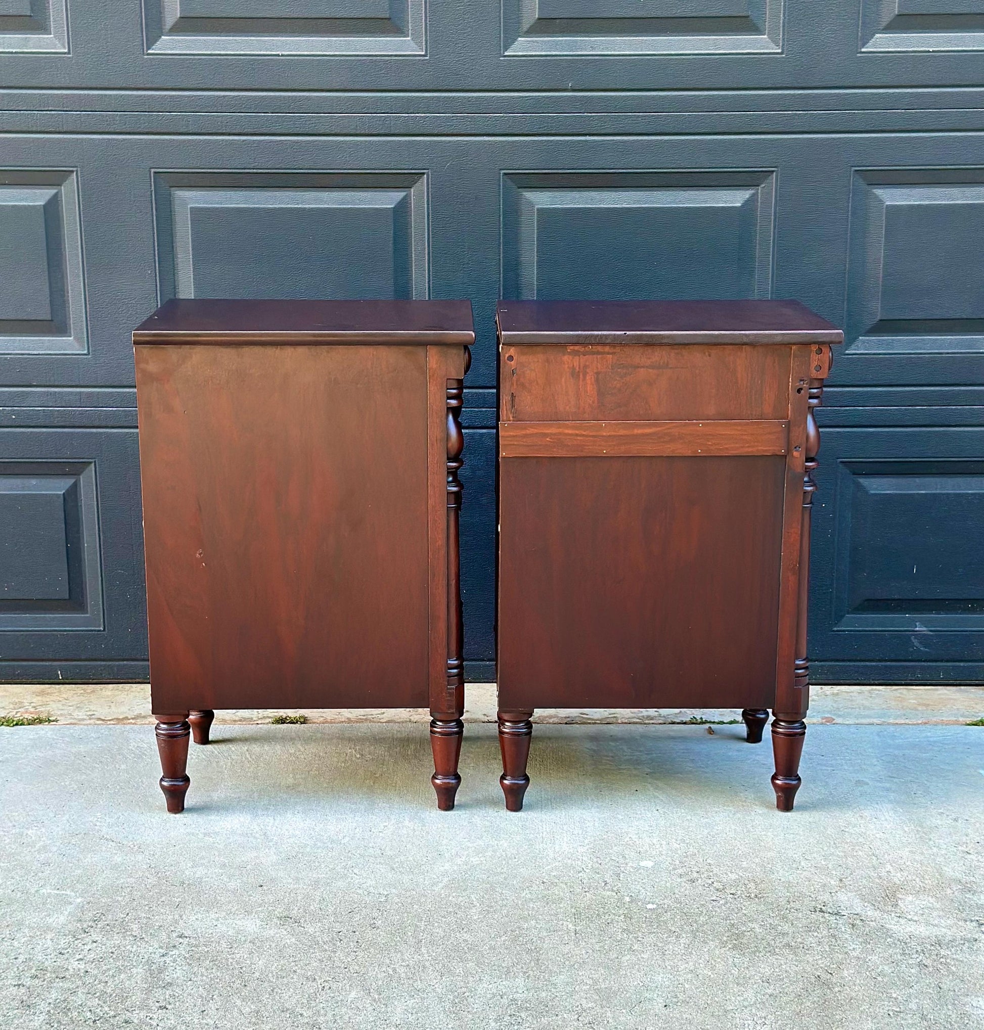 Antique Early 20th C Three Drawer Carved Solid Mahogany Wood Storage End Tables - a Pair