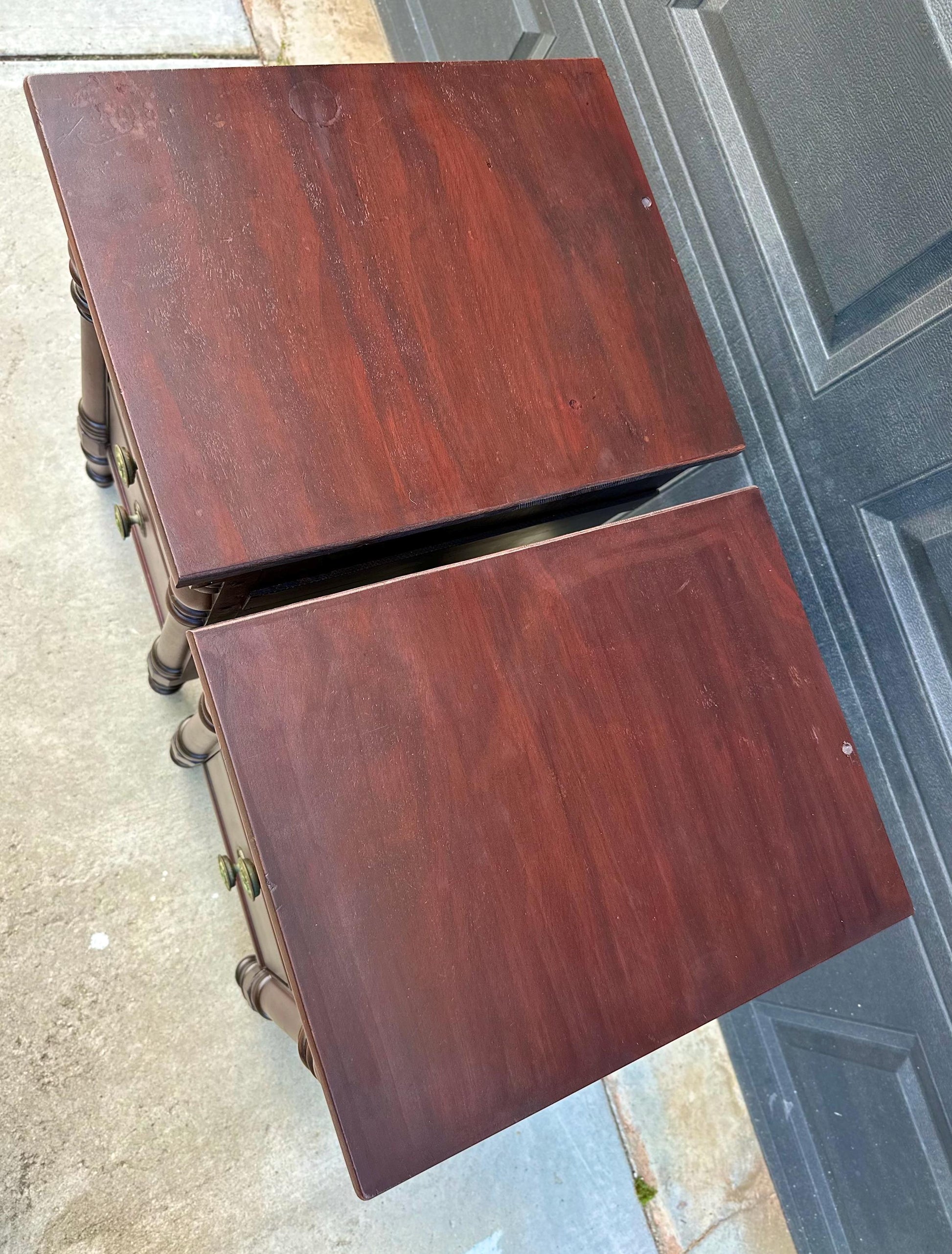 Antique Early 20th C Three Drawer Carved Solid Mahogany Wood Storage End Tables - a Pair