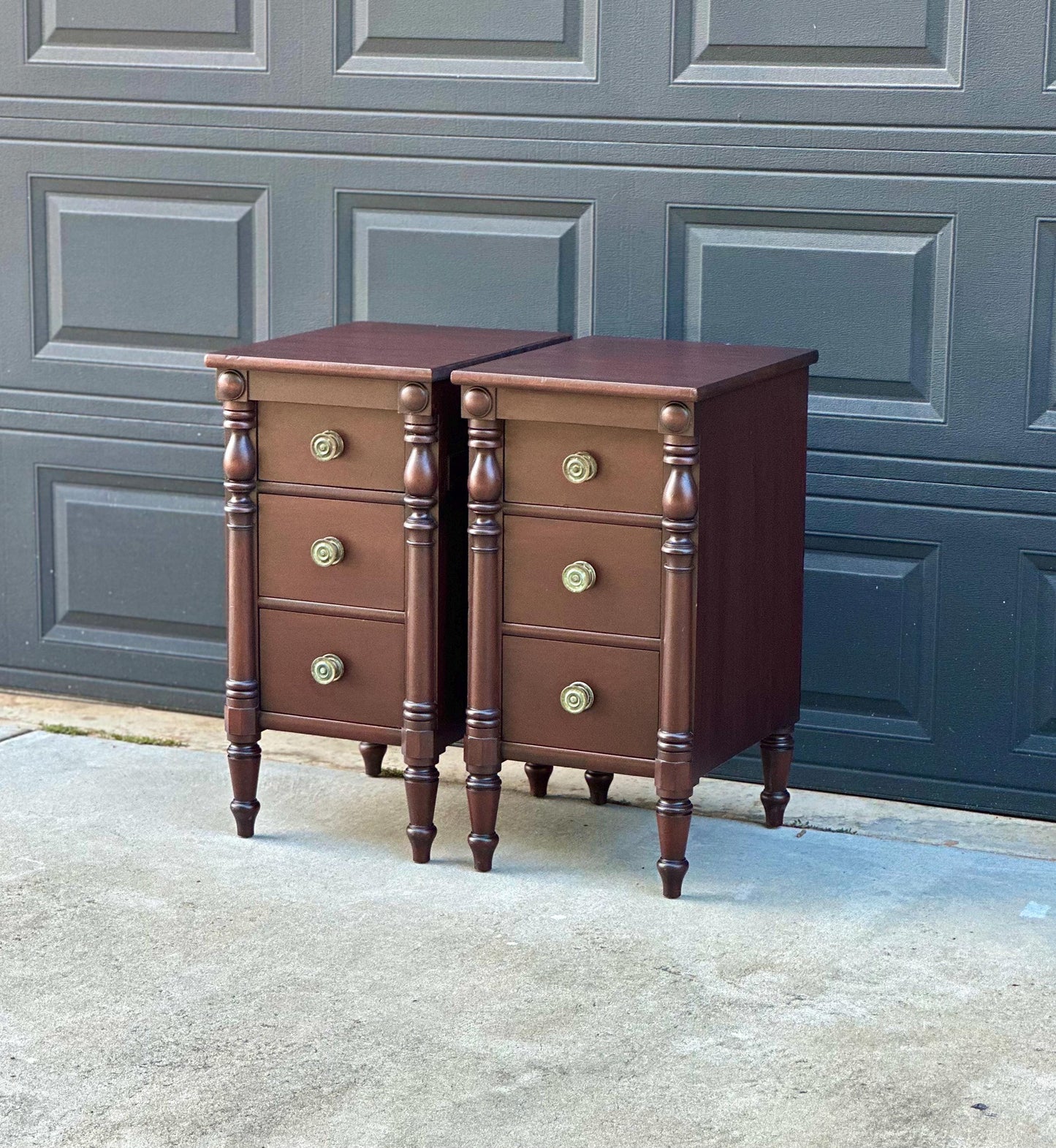 Antique Early 20th C Three Drawer Carved Solid Mahogany Wood Storage End Tables - a Pair